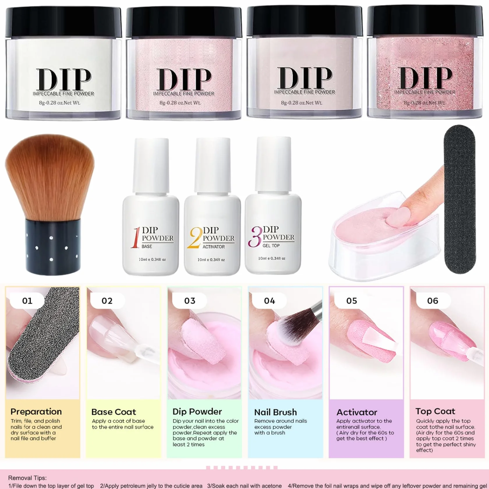 Kit d'ongle en poudre à trempette 4 Couleurs Nail Powder Liquide avec base et Activateur de couche de finition pour Manucure Salon DIY