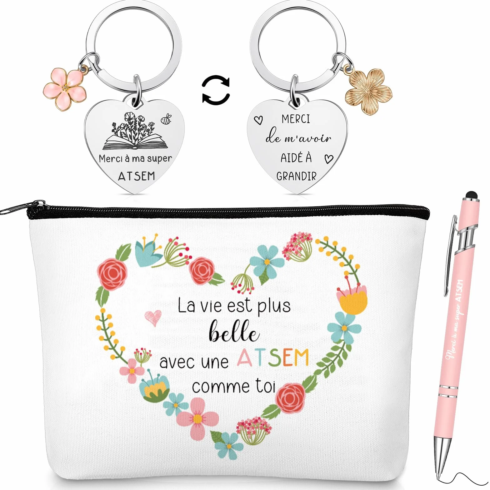 Hestya Trousse de Maquillage Pochette Toilettes Porte Clés Stylo à Bille pour Maitresse d'École ATSEM AESH Fin d'Année Cadeaux Merci