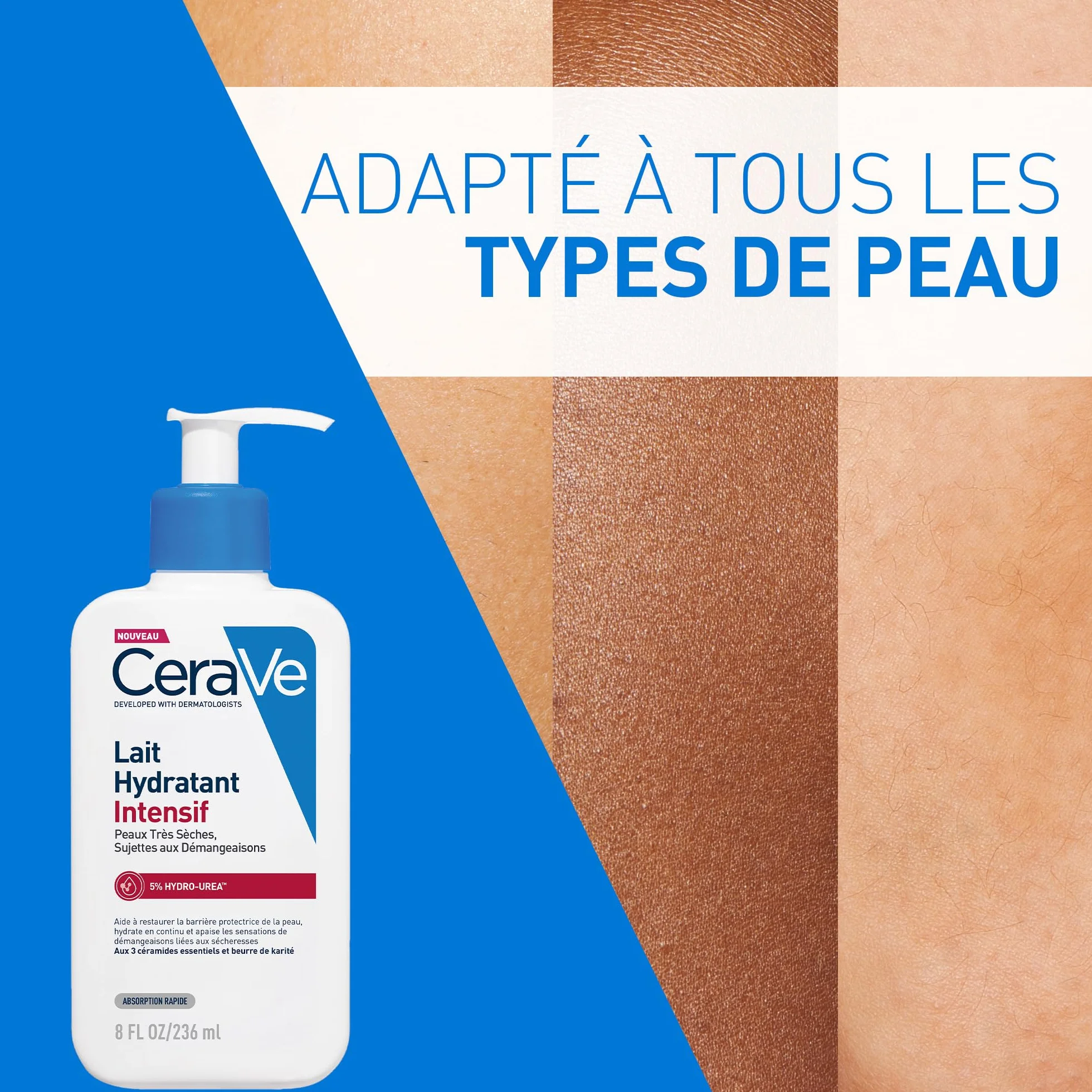 CeraVe Lait Hydratant Intensif Corps et Visage Peaux Très Sèches 72H Hydratation Beurre de Karité 3 Céramides Hydro-Urea Boost Sans Parfum Non Comédogène 236ml