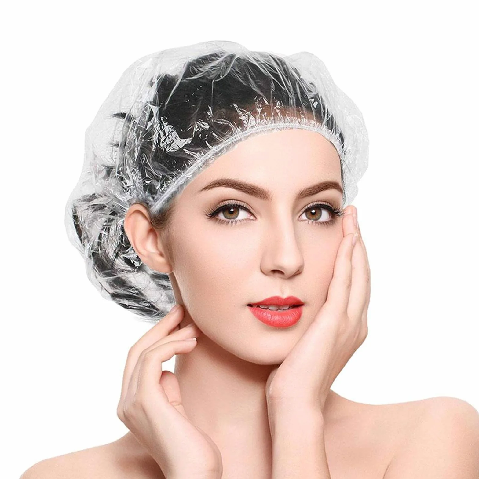 Bonnets de Douche Jetables 100PCS Charlotte Cheveux En Plastique Imperméables Élastiques Usage Unique