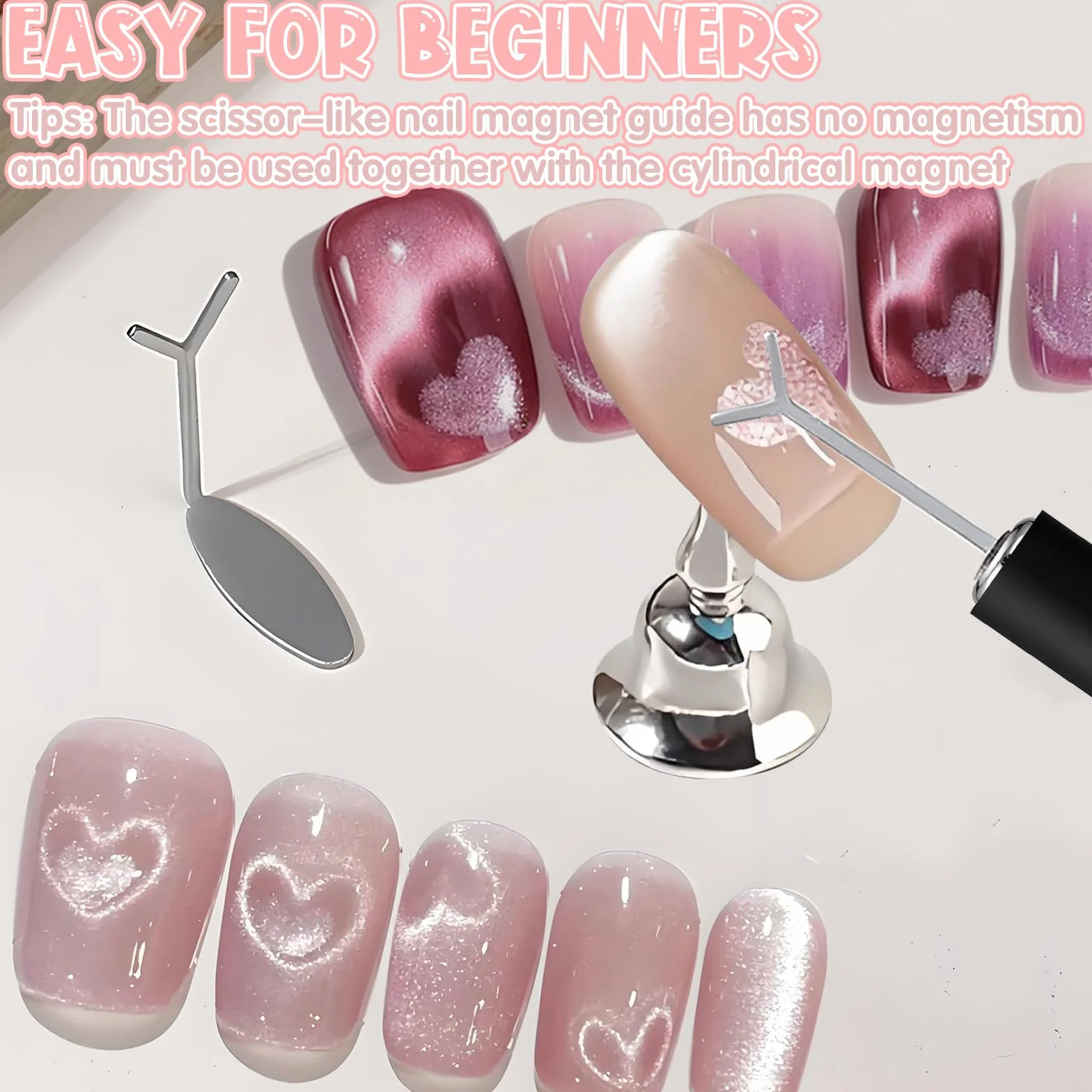 Lot de 7 aimants œil de chat pour vernis gel, kit professionnel nail art avec aimant cylindrique, forme O, ciseaux français, cœur et aimants lapin