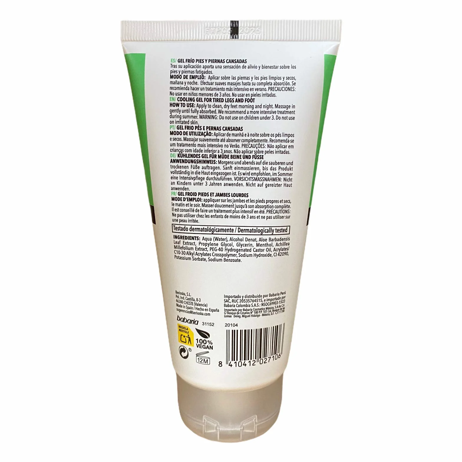 Babaria Gel Froid Jambes Fatiguées 150ml Crème Anti-inflammatoire Hydratant Aloe Vera
