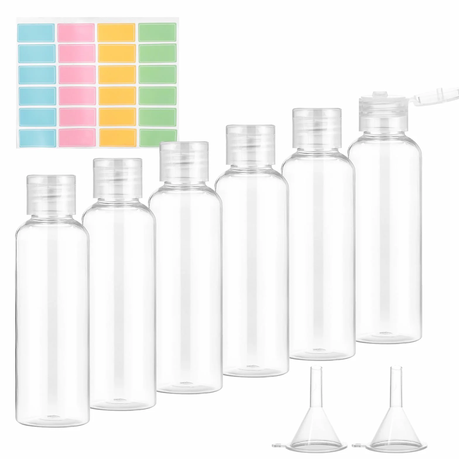 Romon 6 Pièces 100ml Vides en Plastique Transparent Kit Voyage Avion avec 2 Entonnoirs 24 étiquettes