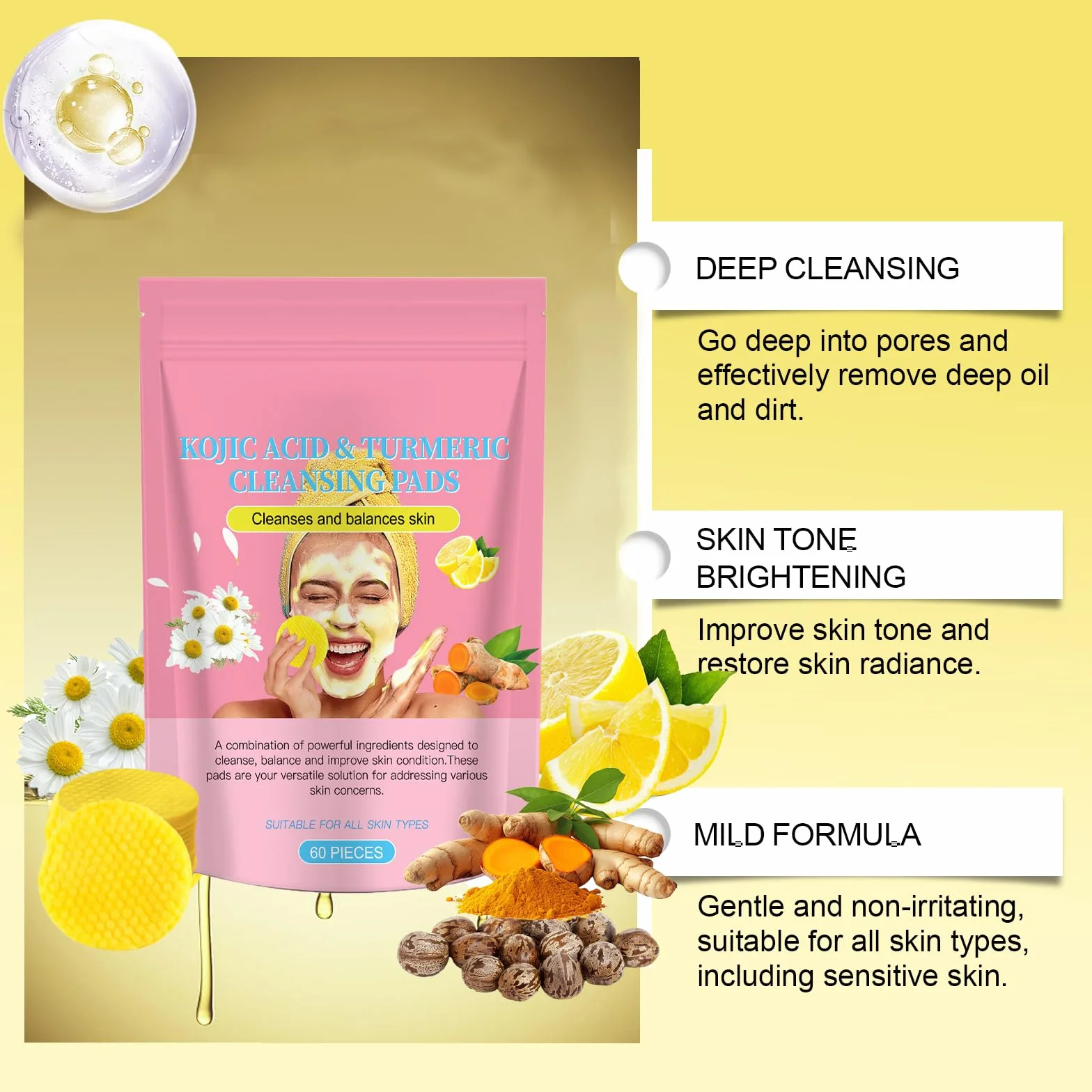 Tampons Nettoyants au Curcuma pour Le Visage,Kojic Acid Pads,Turmeric Kojic Acid Pads,Curcuma Kojic Acid Cleansing Pad,Curcuma Exfoliants Pad,Curcuma Éponge Nettoyante Pour Visage,60 Pièces