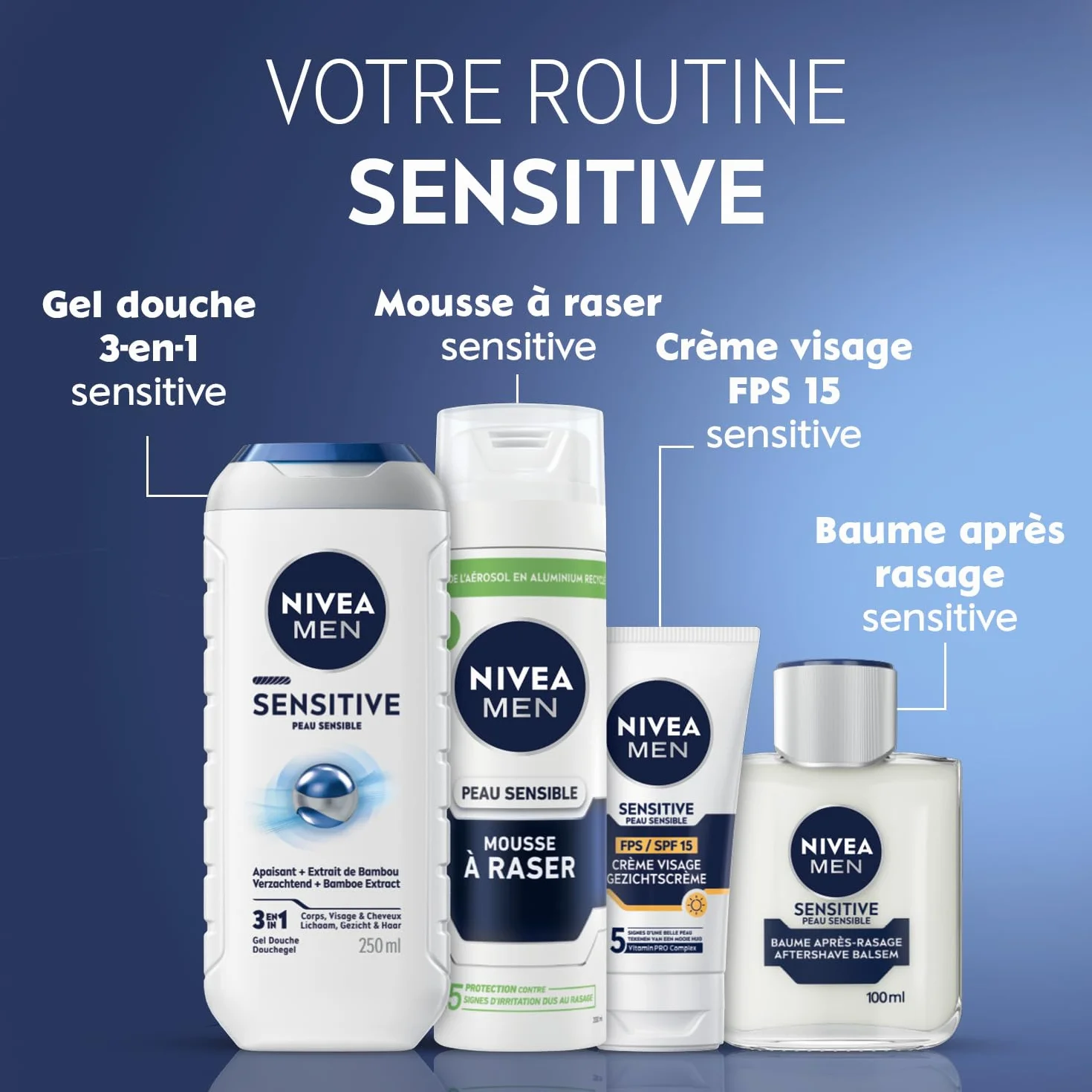 NIVEA MEN Gel Douche 3-en-1 250 ml + Mousse À Raser 200 ml + Baume Après-Rasage 100 ml + Crème Visage FPS 15 75 ml Routine Apaisante Corps & Visage Peaux Sensibles