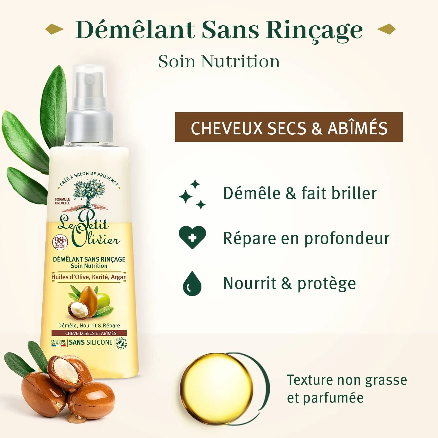 LE PETIT OLIVIER Spray Démêlant Soin Nutrition 150 ml Sans Rinçage Cheveux Secs Abîmés Sans Silicone Fabriqué en France