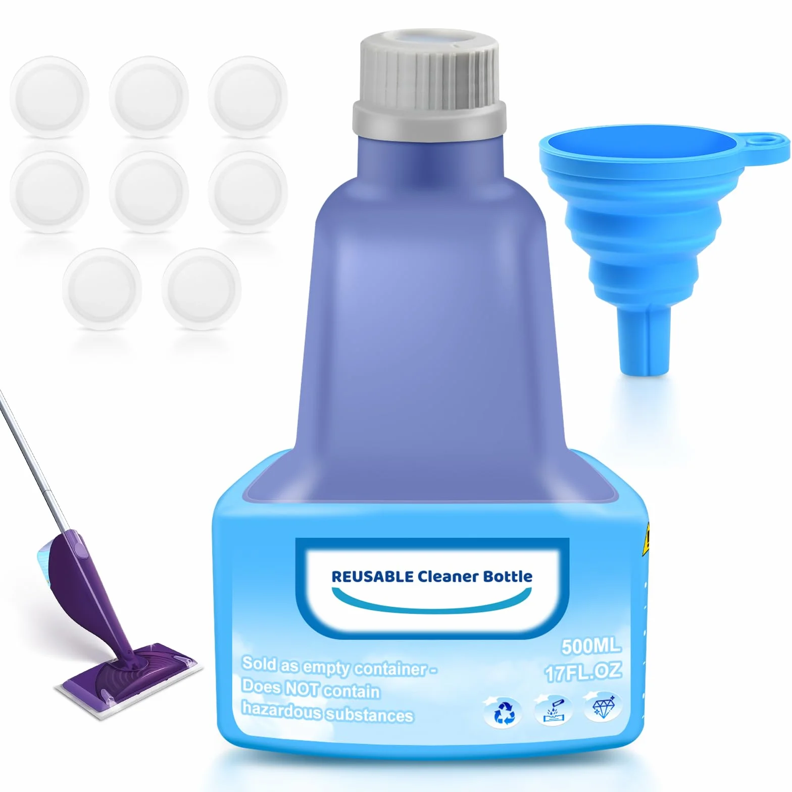 Bouteille Rechargeable pour Mop Swiffer® WetJet™, Bouteille de Recharge Étanche en PEHD pour Solution Nettoyante avec 8 Joints en Silicone et 1 Entonnoir Pliable, 500ml/17oz (Vide)