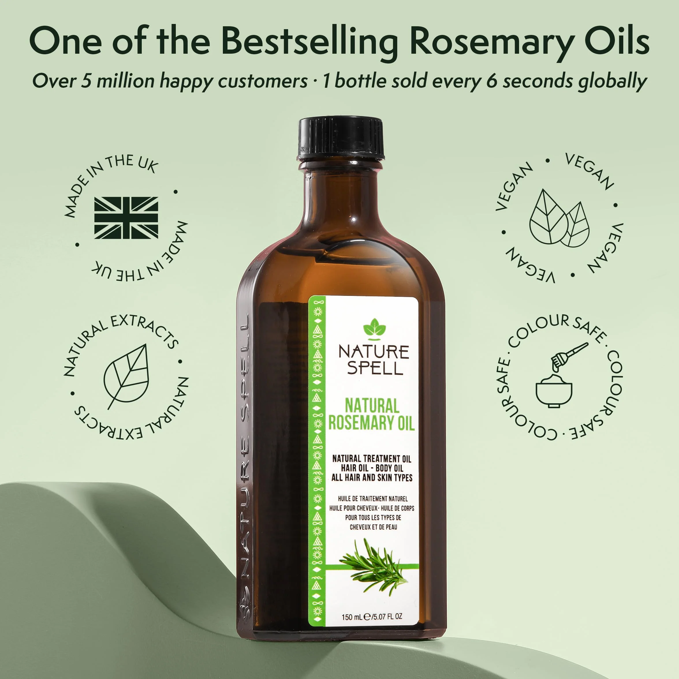 Nature Spell Huile de Romarin Croissance Cheveux, Pré-diluée Cuir Chevelu, Stimule Pousse, Renforce Nourrit Cheveux Secs Abîmés, Vegan, 150 ml