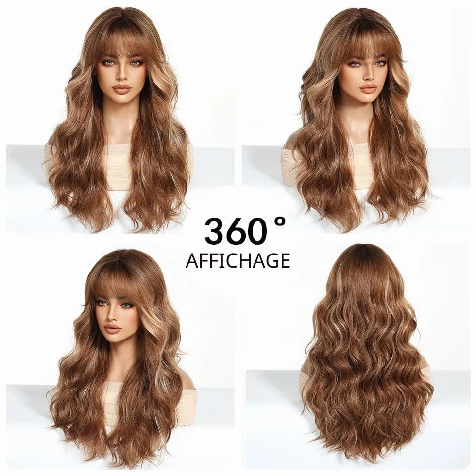 Perruques Longues Ondulées Ombre Ginger pour Femmes avec Franges Cheveux Synthétiques Naturels Perruques Résistantes à La Chaleur pour La Fête Quotidienne Cosplay Wear