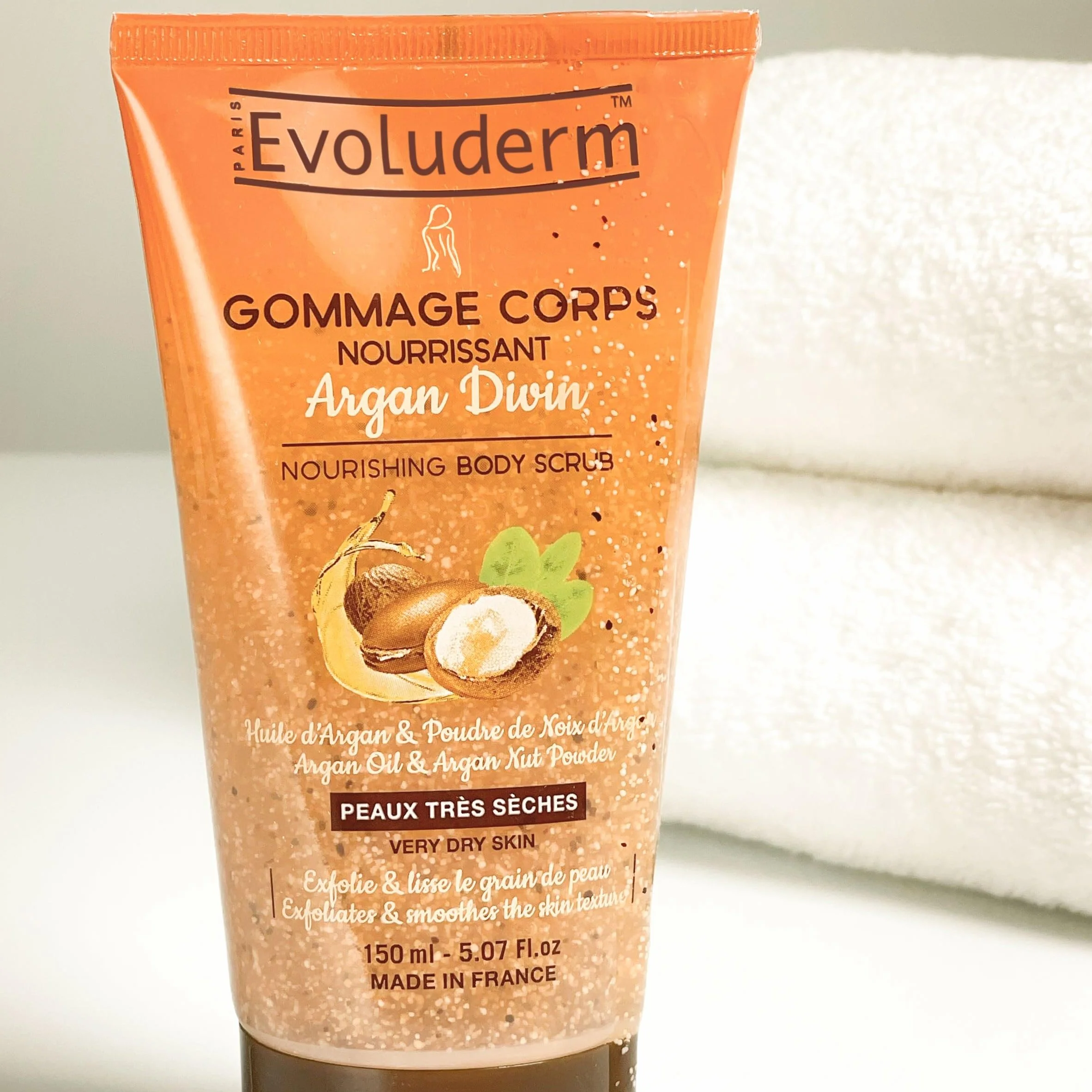 EVOLUDERM Gommage Corps Nourrissant Argan Divin 150 ml 93% d’Origine Naturelle Végan Fabrication Française