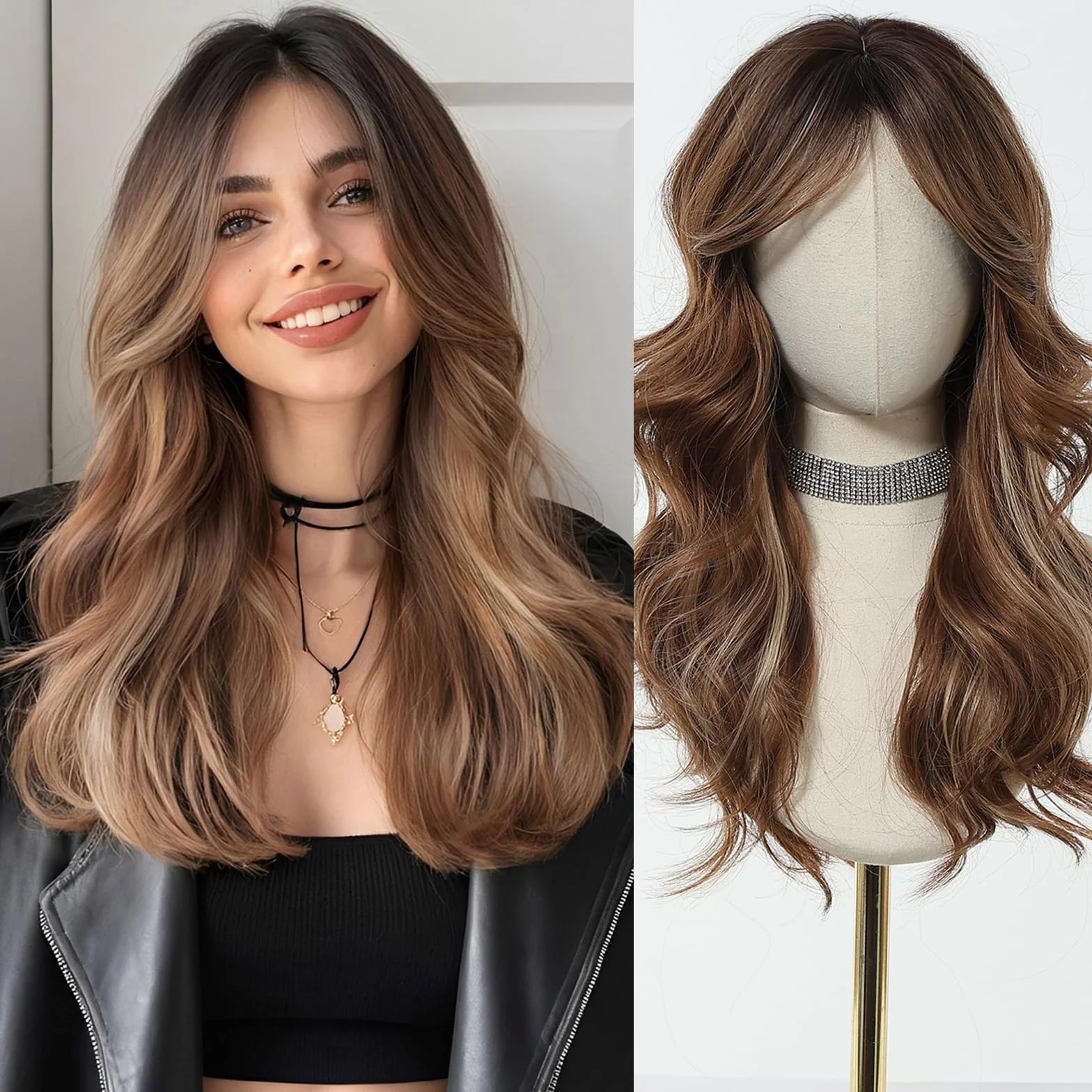 Esmee Perruque Marron Longue et Droite pour Femmes Perruque à Frange en Cheveux Synthétiques Layered pour Soirée Cosplay Quotidienne