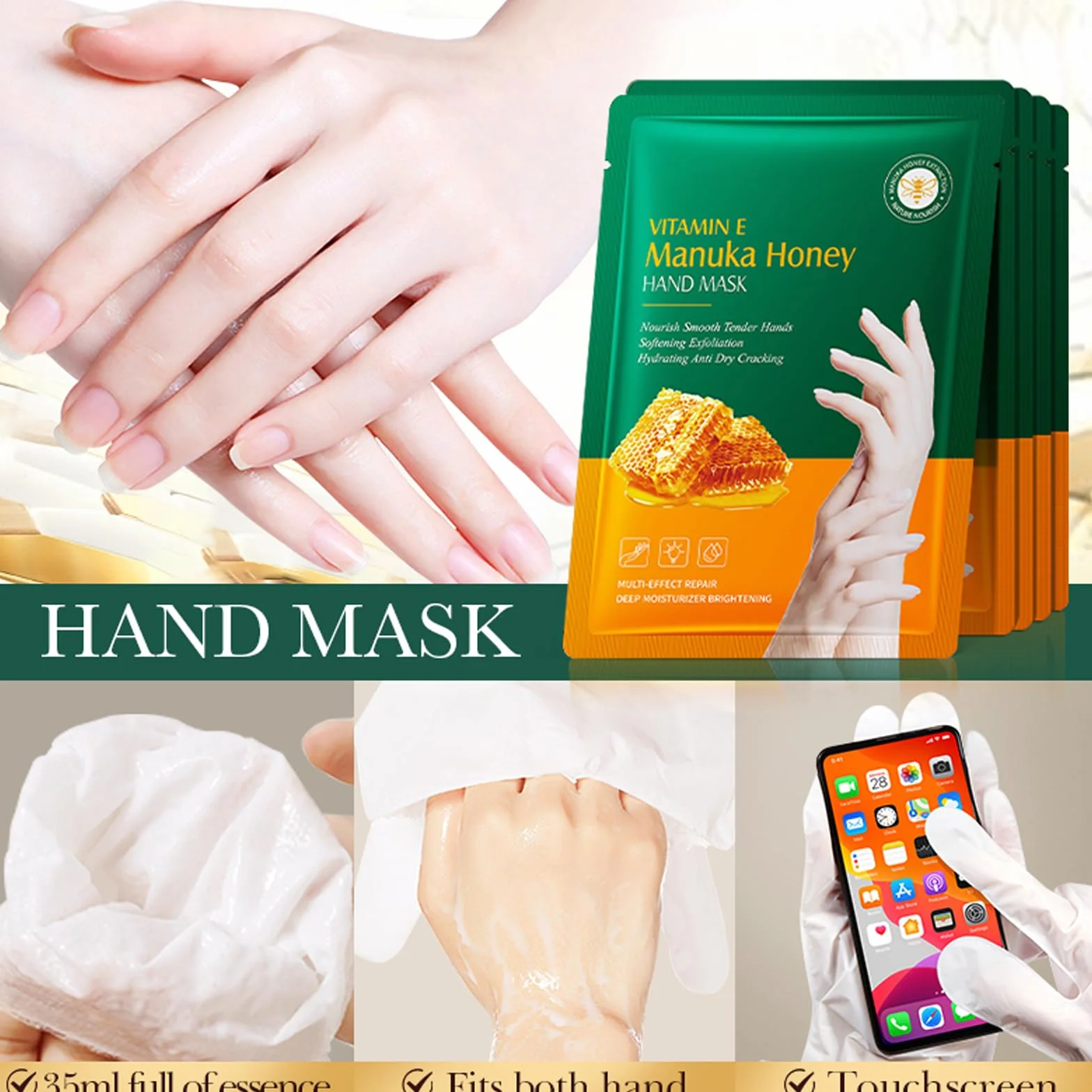 Masques Mains Hydratants à la Vitamine E et Miel, 6 Pièces, Gants Réparateurs pour Mains Sèches et Gercées