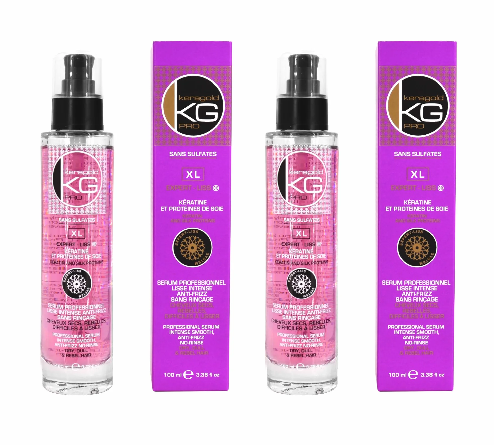 KERAGOLD KG PRO XL Sérum Sans Sulfate à la Kératine/Protéines de Soie – Lot de 2, 100 ml