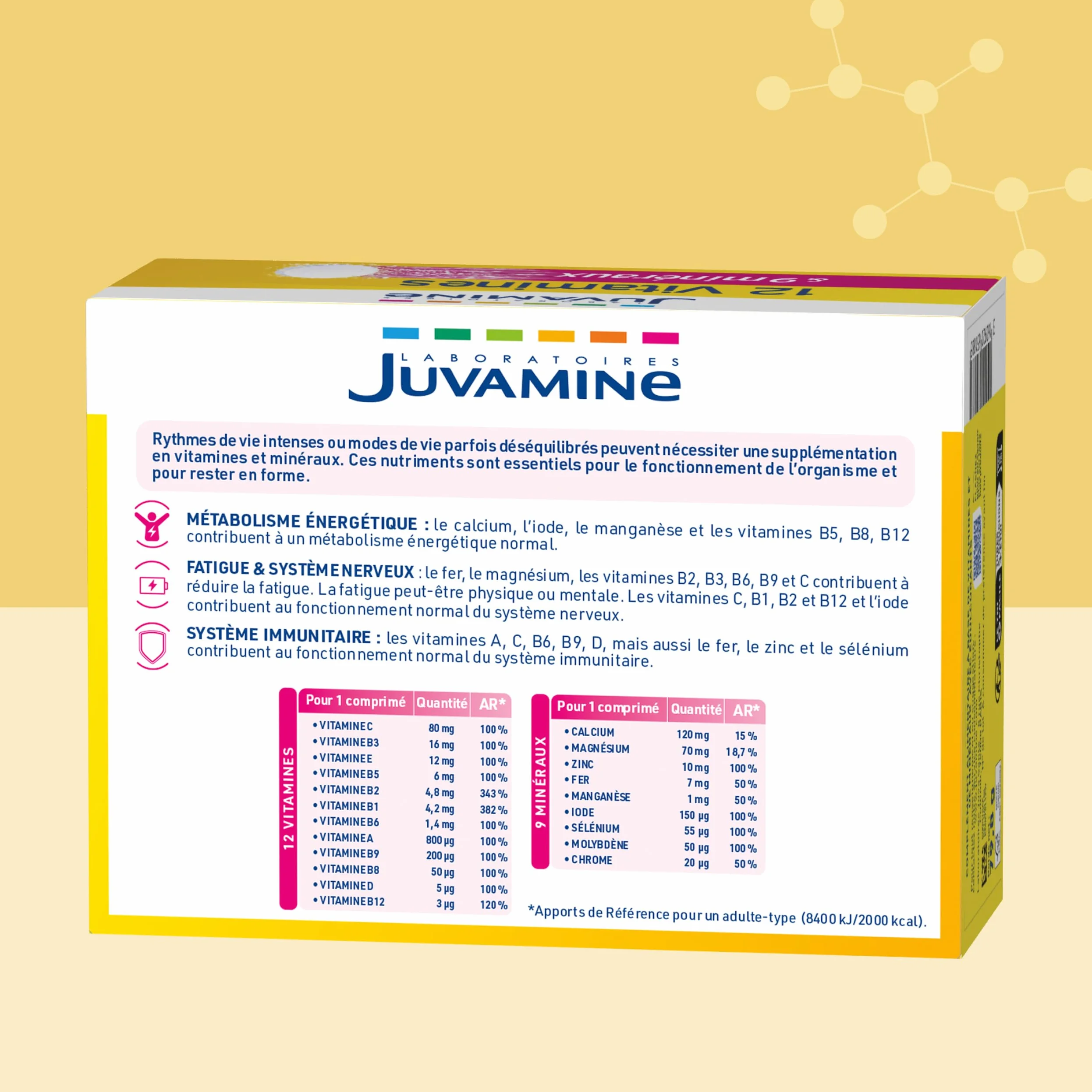 Juvamine 12 Vitamines & 9 Minéraux Effervescents Fatigue Stress Métabolisme Énergétique Immunité 30 Comprimés Arôme Tropical Fabriqué en France