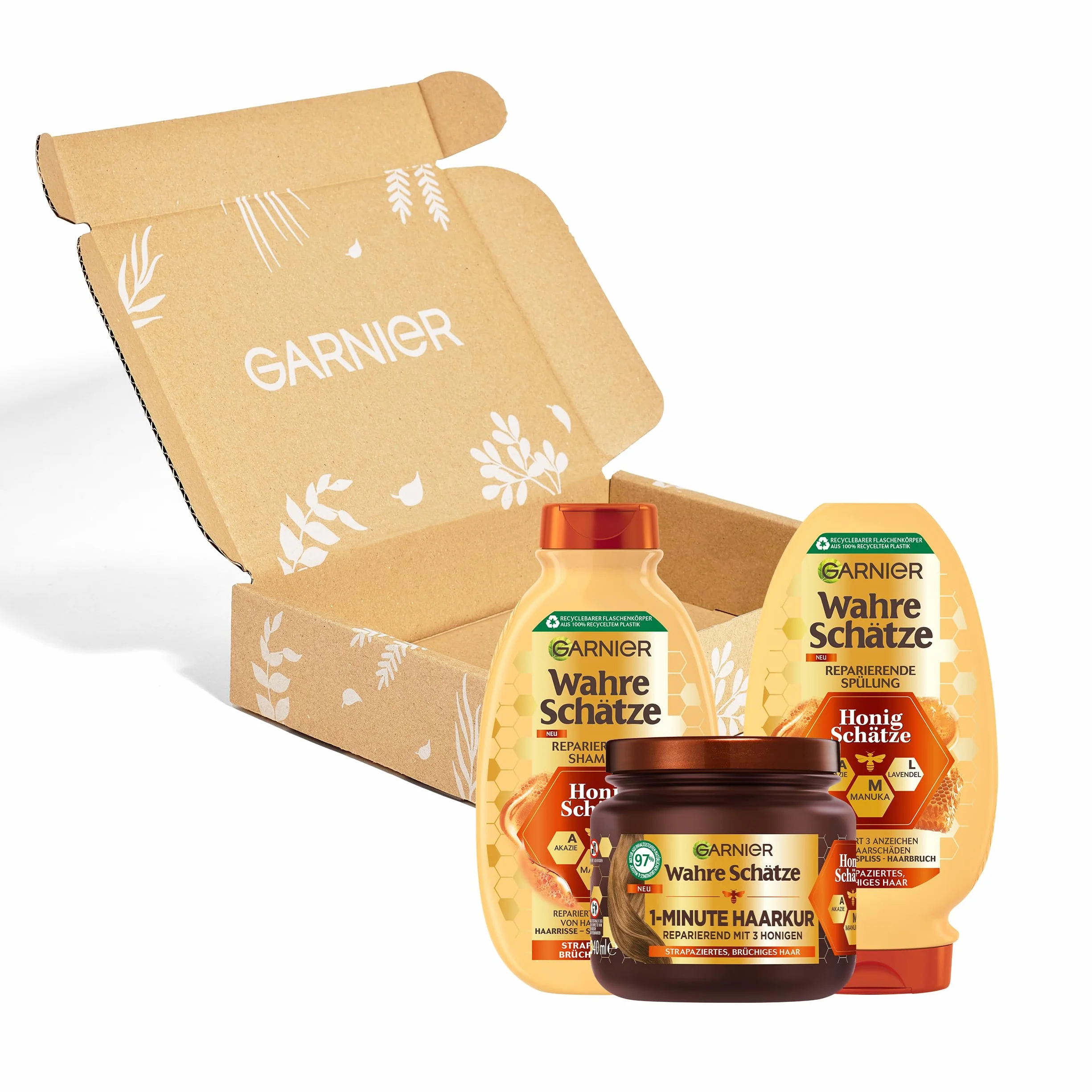 Garnier Wahre Schätze Lot de 3 Soins Cheveux Miel Acacia, Manuka, Lavande Shampoing 250 ml Après-Shampoing 200 ml Cure 1 Minute 340 ml