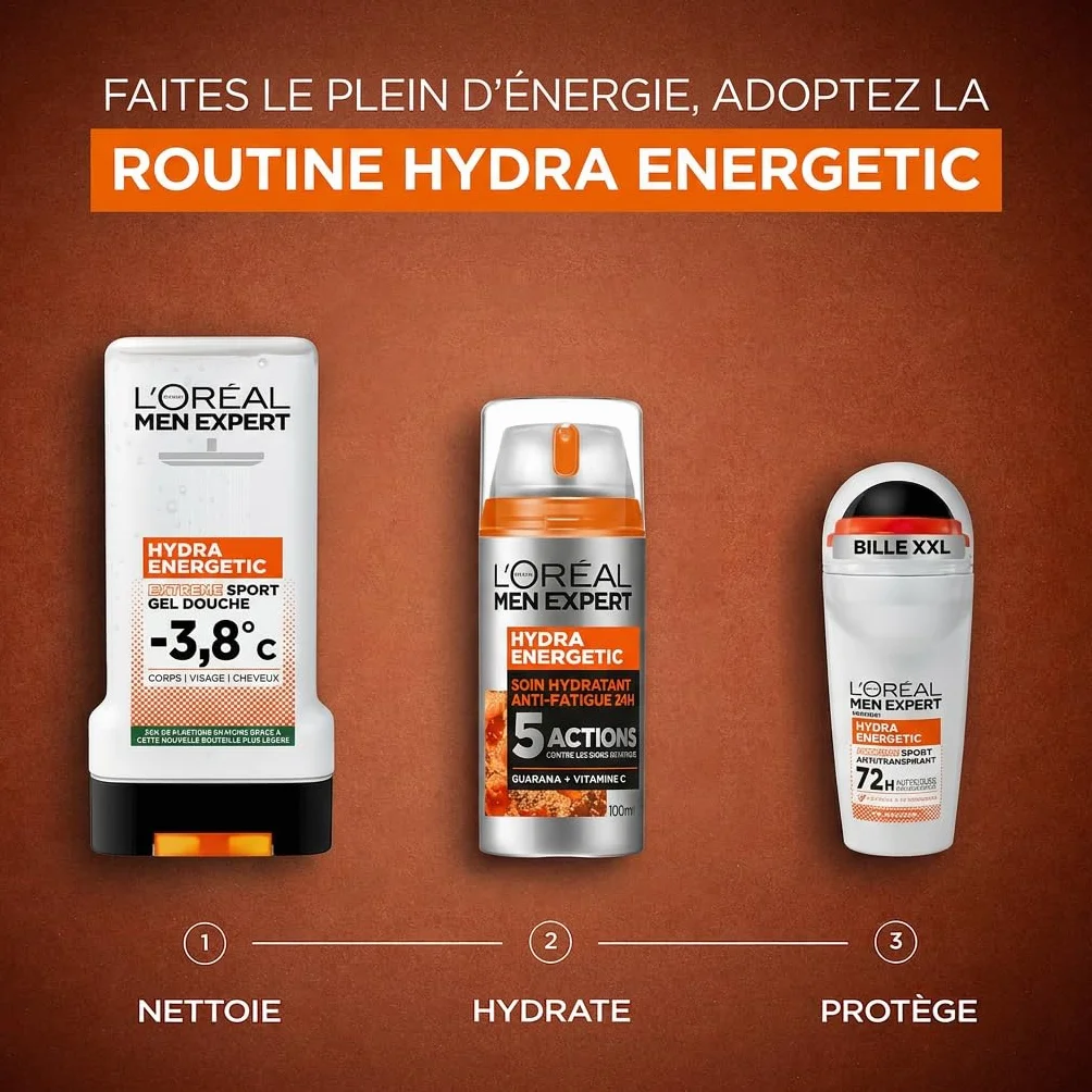 L'Oréal Paris Men Expert Hydra Energetic Kit Complet Anti-Fatigue Homme Soin Visage 100ml Gel Douche Sport 300ml Déodorant 72h 50ml