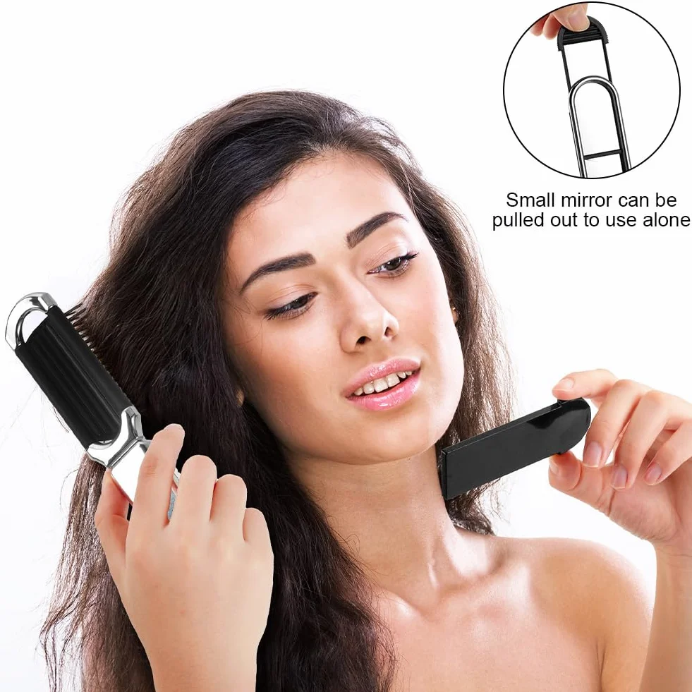 Brosse à Cheveux de Voyage Pliable avec Miroir, Mini Brosse de Poche pour Femme, Argent