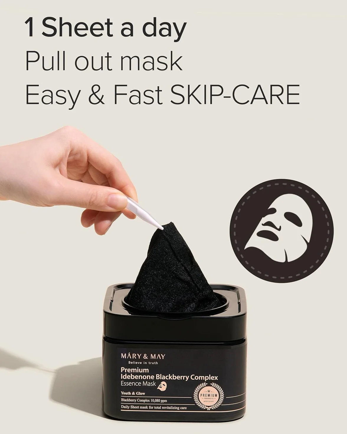 Mary&May Masque Essence Premium à l’Idébénone et à la Mûre | Masque Visage Coréen Anti-Âge à Distributeur Rapide | Vitamine C, Panthénol et Céramide, 20 Feuilles/250g