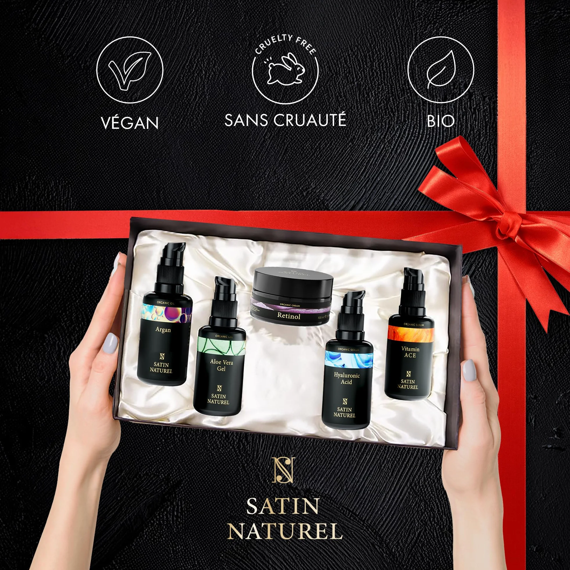 Satin Naturel Coffret Cadeau Femme 5x30ml Sérums Vitamine C Acide Hyaluronique Huile d'Argan Bio Gel Aloe Vera Crème Hydratante Visage Soins Visage Anti-Âge