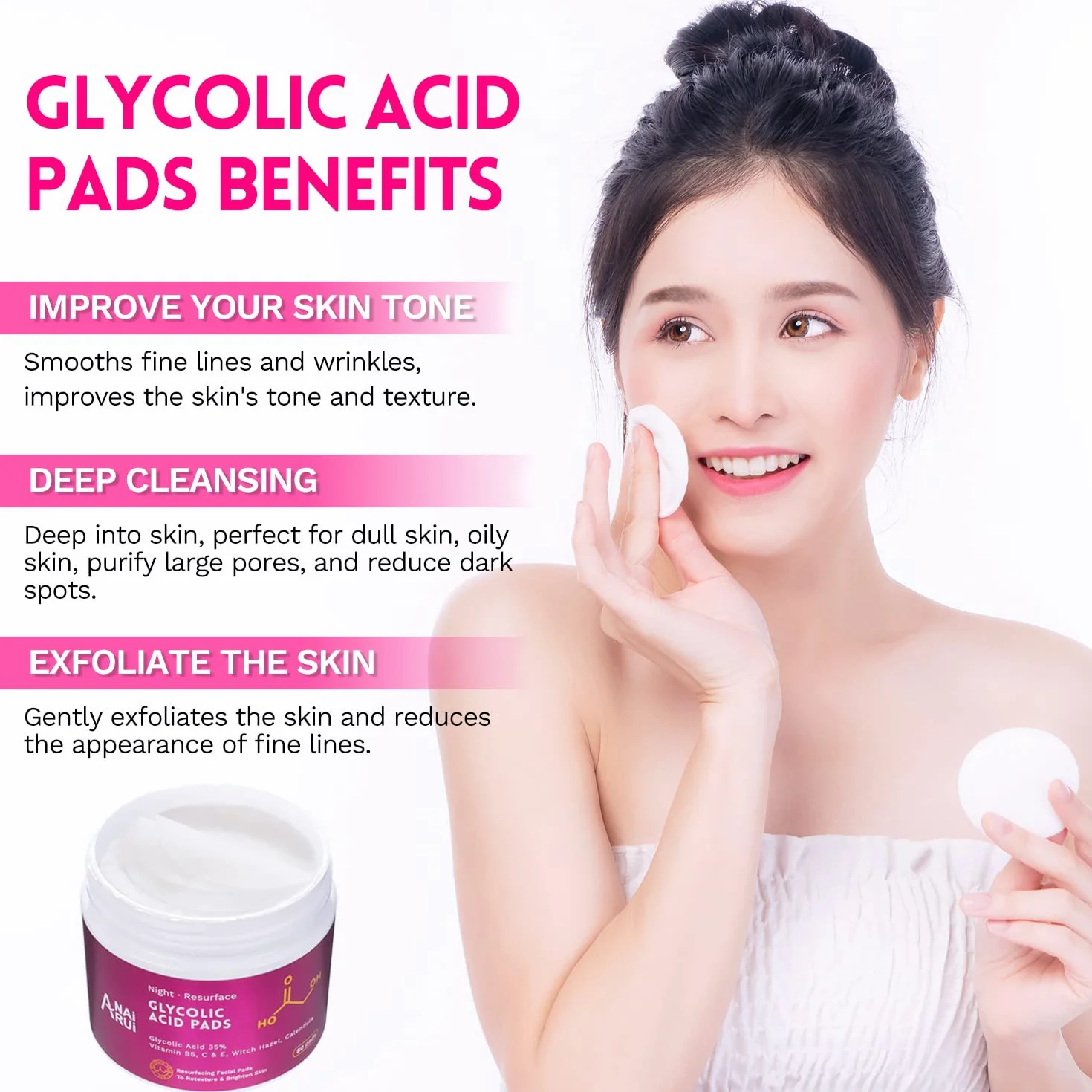 Coussinets Exfoliants AHA à l'Acide Glycolique pour le Visage, 80 Pièces avec Vitamines B5, C & E