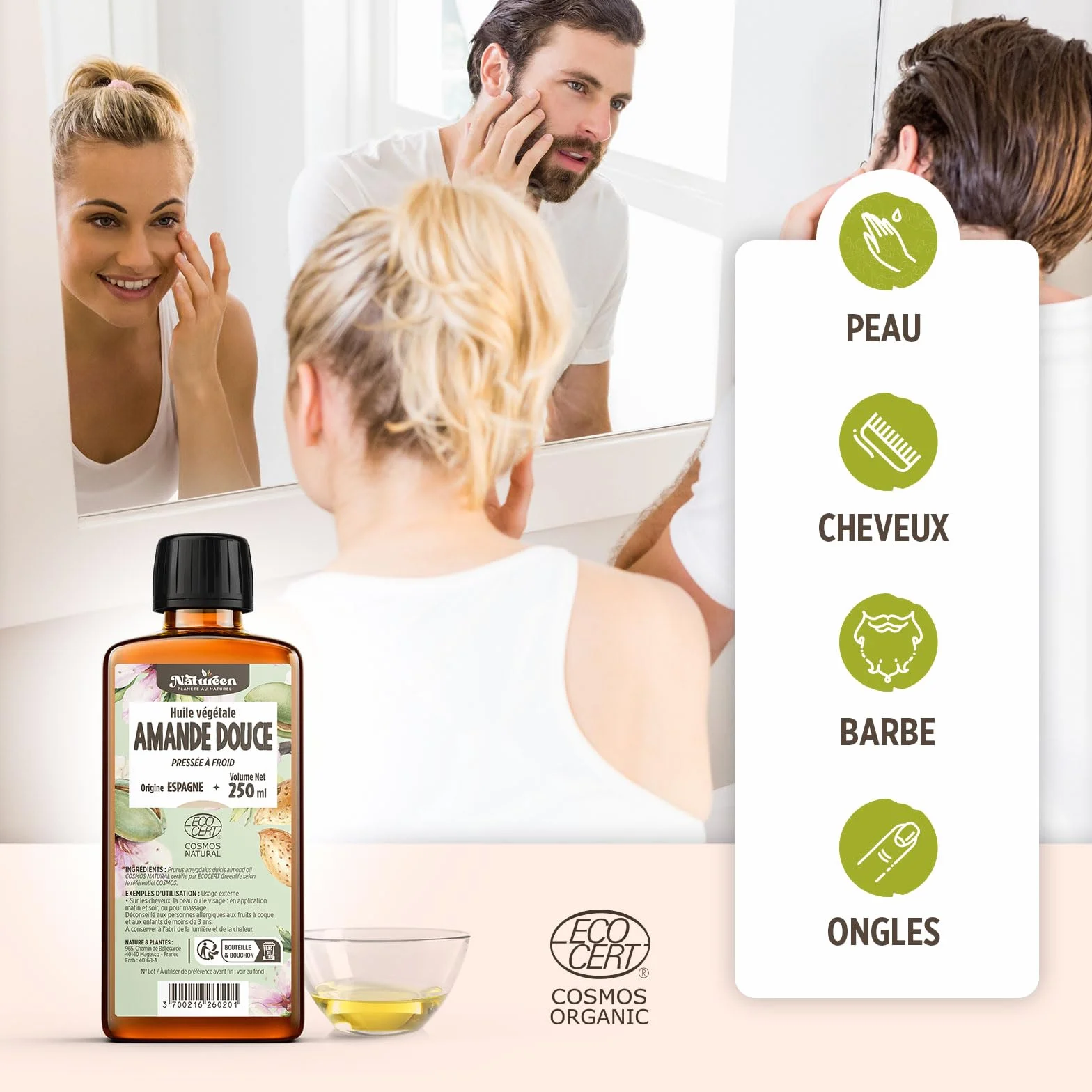 Huile d'Amande Douce 900 ml Cosmos Natural Natureen Pressée à froid Cheveux Peau Visage
