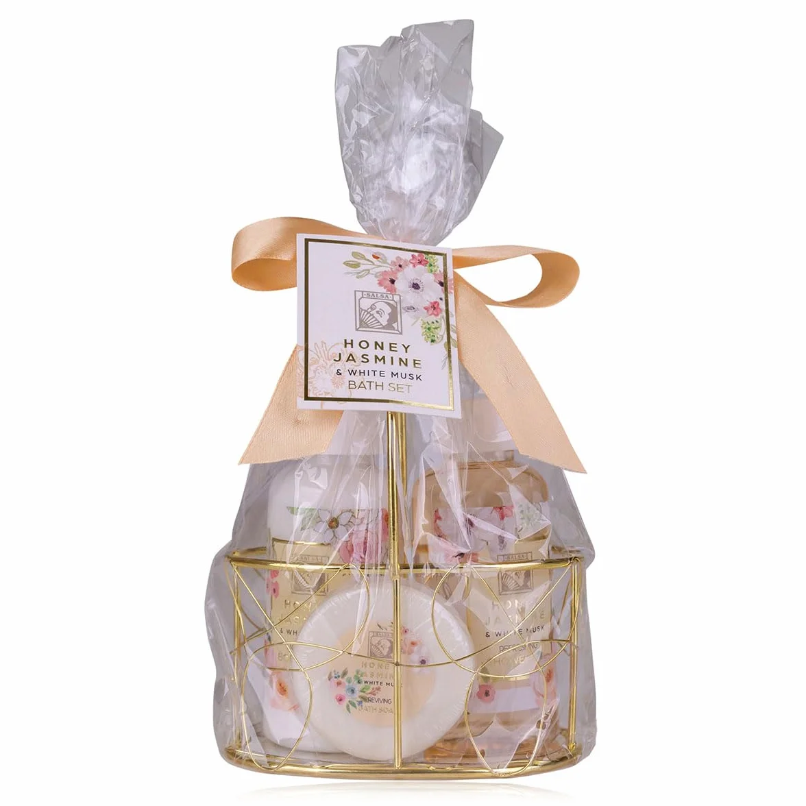 Accentra Set de Douche Cadeau Femmes HONEY JASMINE Corbeille Métallique Kit Soins 3 pcs Gel Douche Lotion Savon Bien-être Anniversaire Saint Valentin