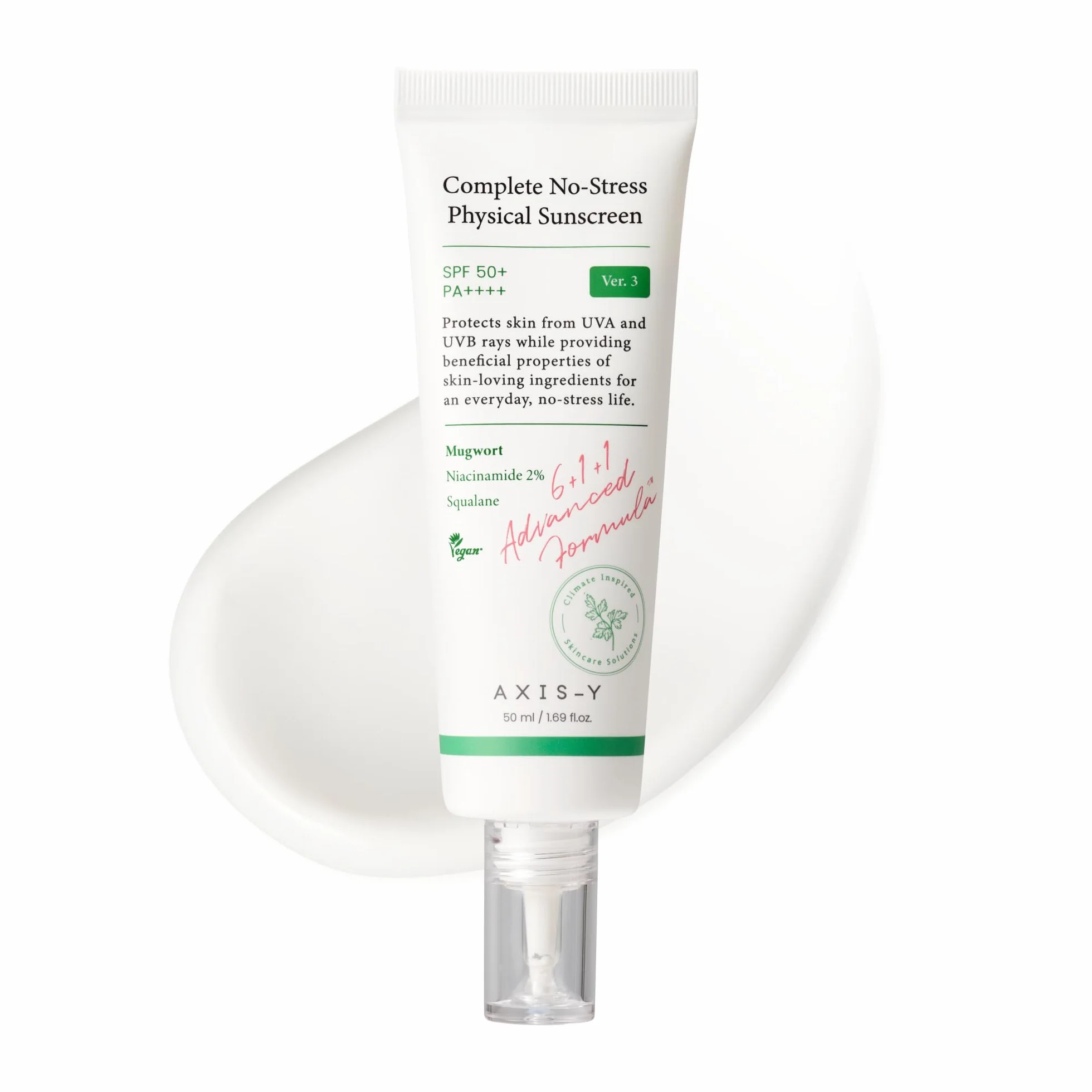AXIS-Y Complete No-Stress Physical Sunscreen V3 – Écran solaire minéral visage SPF 50, 2% Niacinamide & Oxyde de zinc. Hydratant large spectre. Soin coréen végane – 50 ml (1,69 fl. oz.)