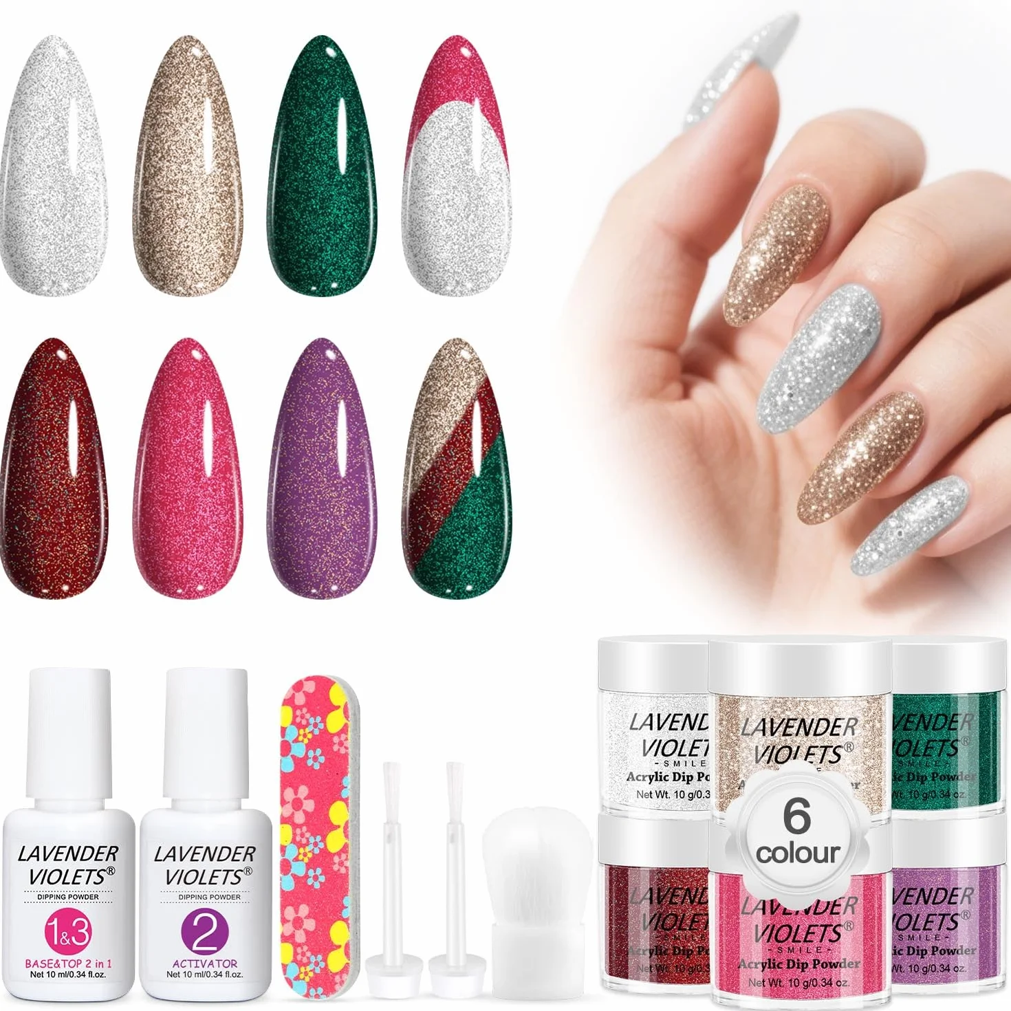 Lavender Violets 6 Couleur Acrylique Trempage Poudre Système Nail Manucure Deux En Un Base Activateur Vernis Finition Brosse Ongles