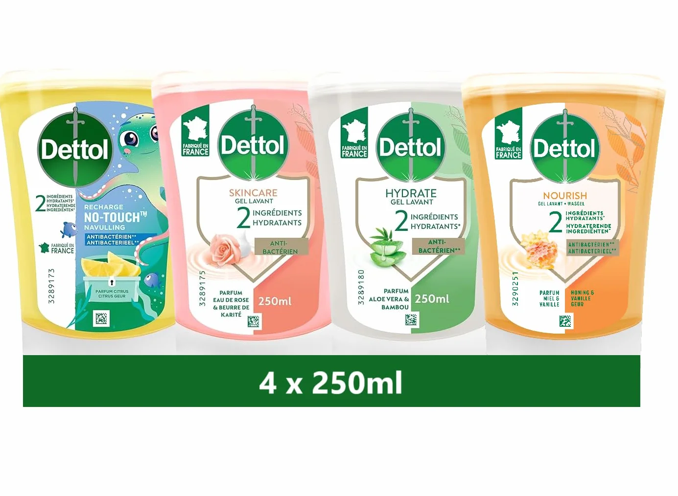 DETTOL - 4 Recharges No-Touch Savon Liquide Mains 250 ml - Miel & Vanille, Citron, Eau de Rose & Beurre de Karité et Aloe Vera & Bambou