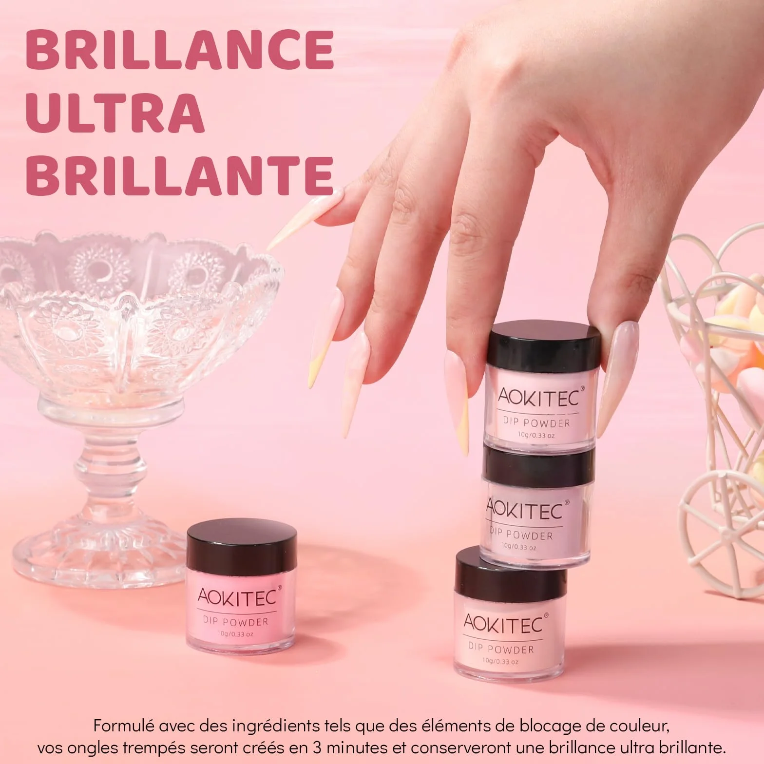 Aokitec Pink Series Lot de 4 poudres de trempage sans lampe longue durée sans odeur
