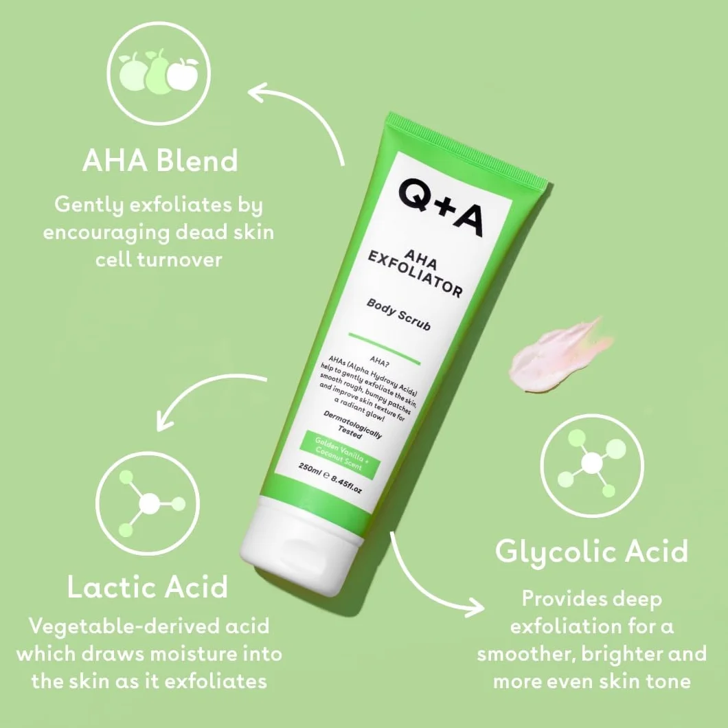 Q+A Gommage Exfoliant aux AHA 250ml acide lactique acide glycolique exfoliants physiques