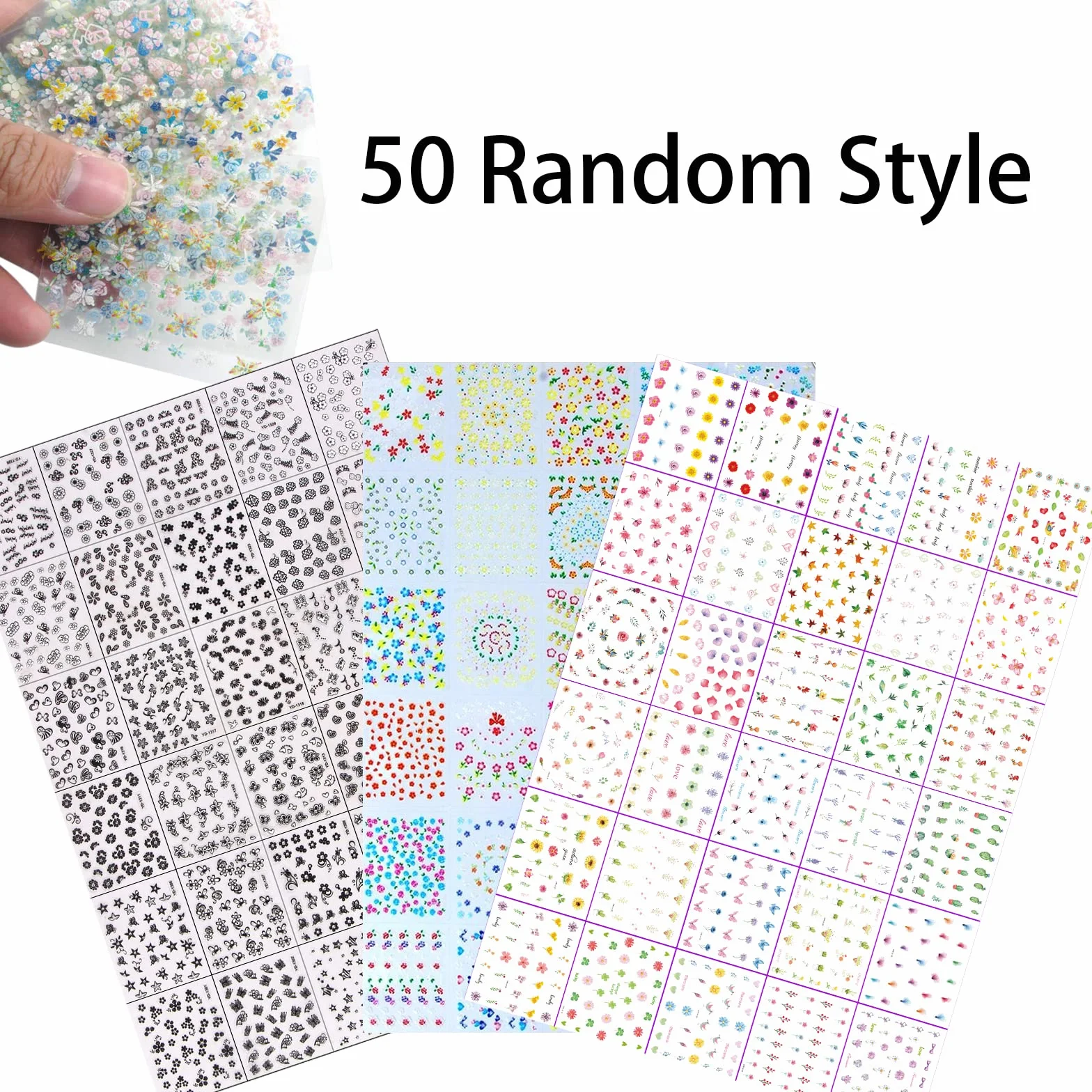 Autocollant Ongle d'Art 3D 50 Feuilles Mix Couleur Auto-adhésif Nail Art Sticker Bricolage