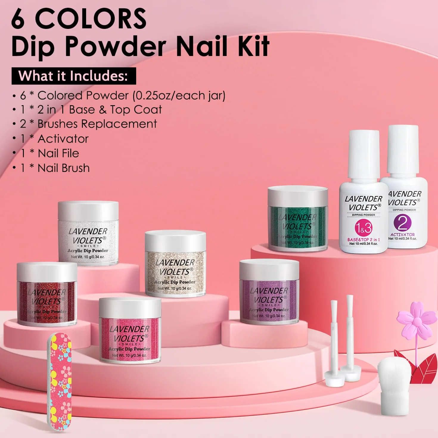 Lavender Violets 6 Couleur Acrylique Trempage Poudre Système Nail Manucure Deux En Un Base Activateur Vernis Finition Brosse Ongles