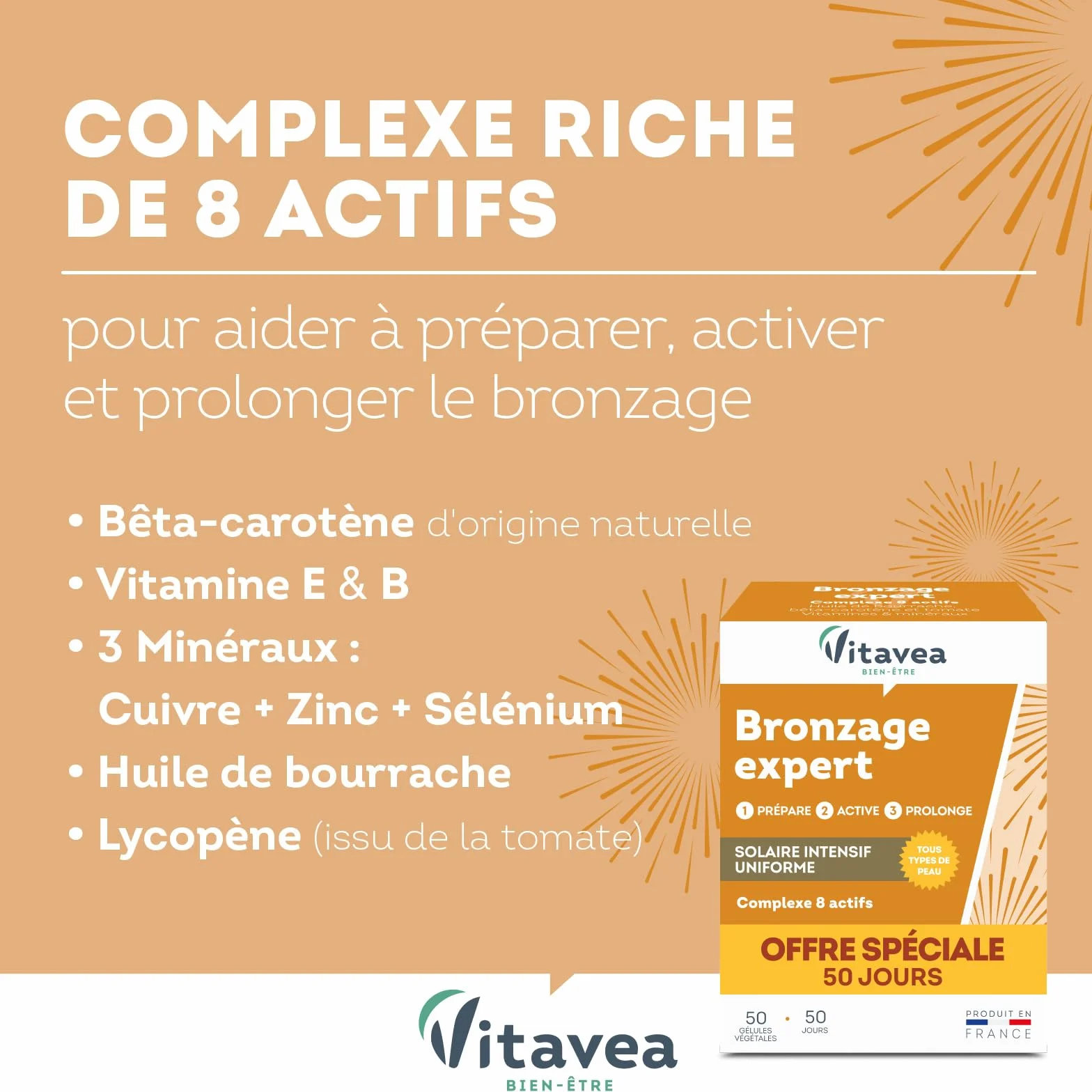 Vitavea Bronzage Expert Prolongateur de Bronzage après Soleil Complément Alimentaire Huile de Bourrache Bêta-Carotène Zinc Vitamine E Cuivre