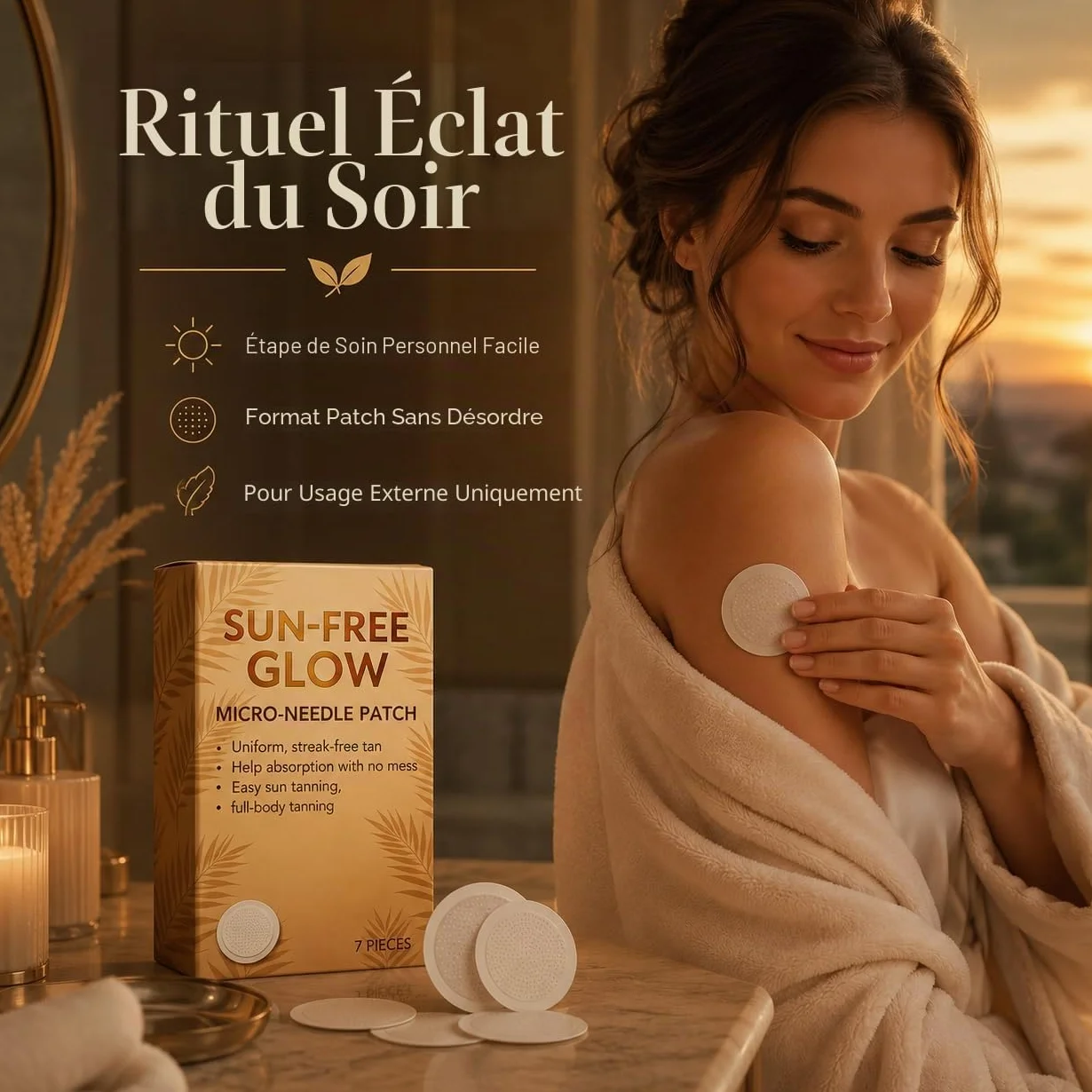 Sun Free Glow Lot de 7 patchs autobronzants pour homme et femme – Patchs de bronzage phosphorescents et micro-texturés sans désordre pour routine beauté quotidienne (boîtes/21 pièces)