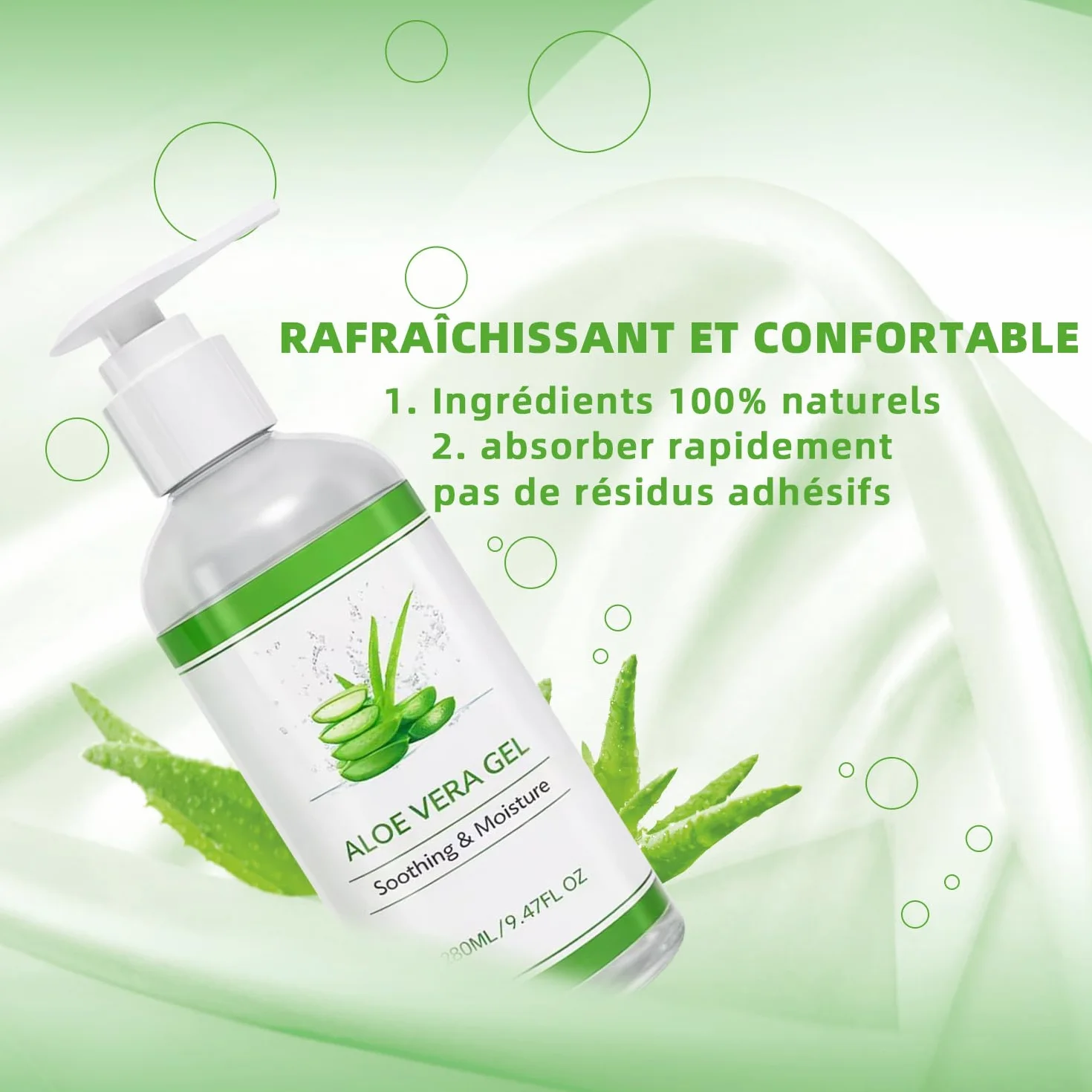 Gel d'Aloé Vera Bio Pur 280ml Hydratant Visage Cheveux Corps Après Soleil