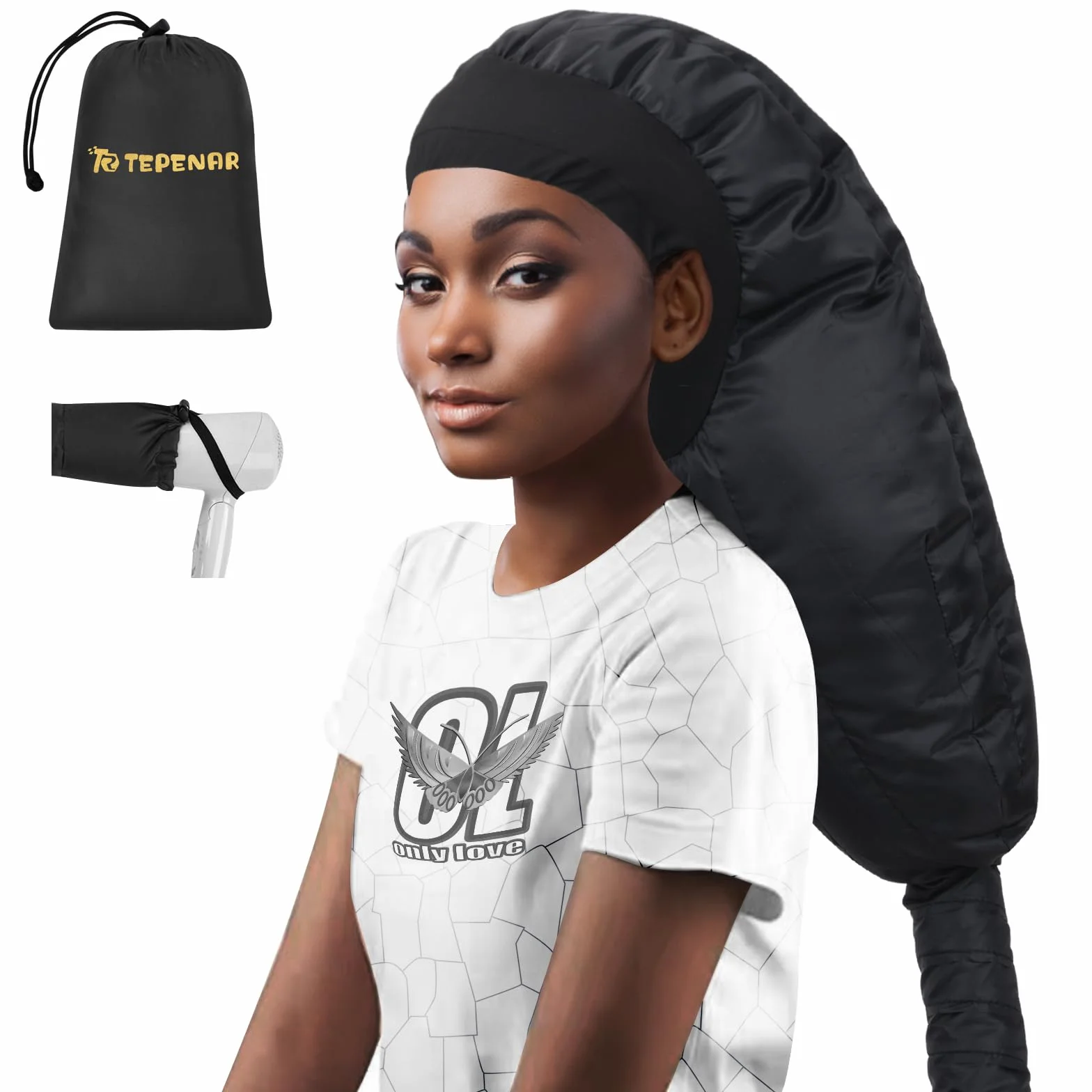 TEPENAR Bonnet Séchoir à Cheveux: Capuche Extra Large Réglable et Douce pour Cheveux Bouclés et Naturels - Séchage Rapide, Utilisation Facile - Noir
