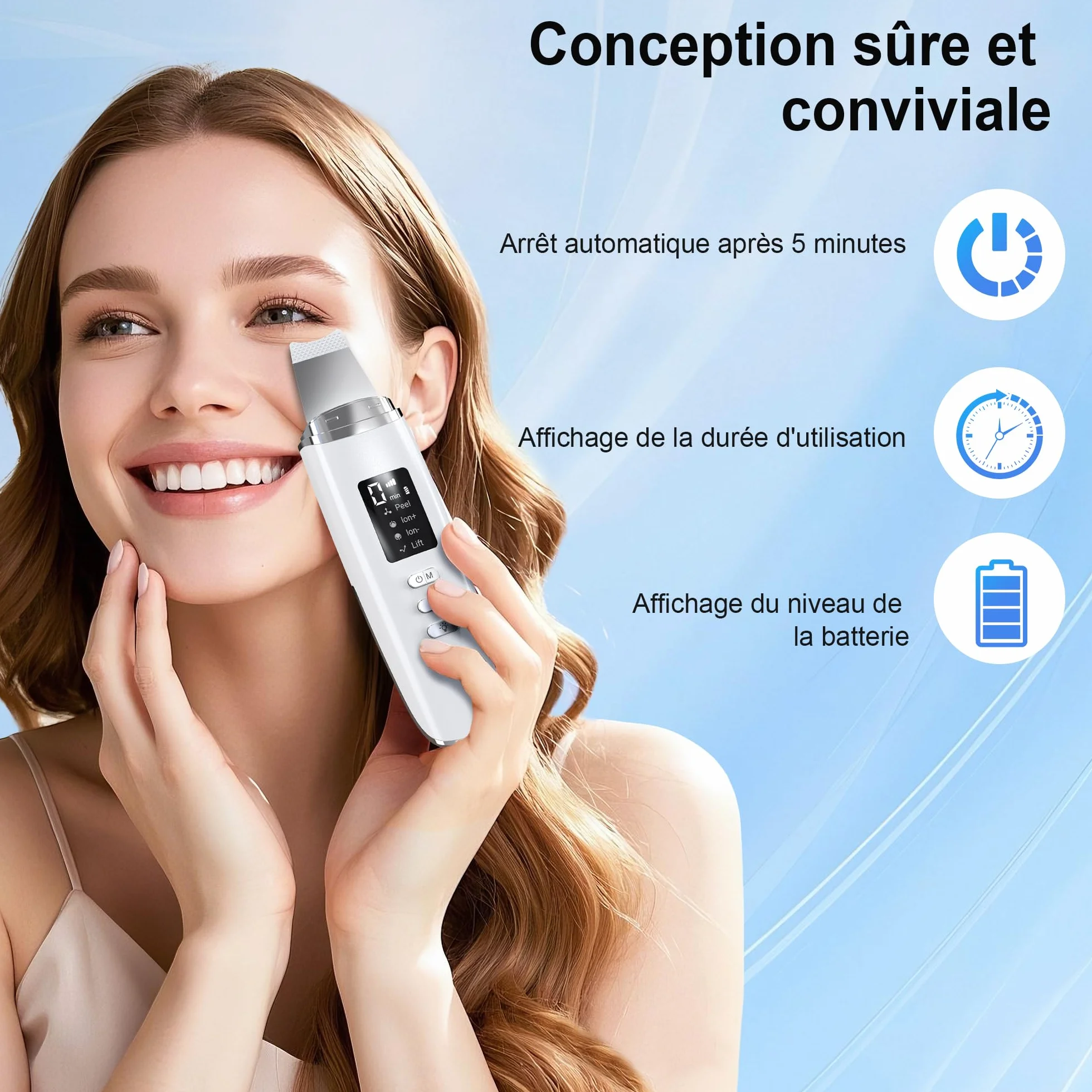 Épurateur de Peau à Ultrasons, Épurateur Visage Skin Scrubber avec 4 Modes et Intensité Réglable, Lumière Rouge et Bleue, Appareil de Nettoyage Exfoliant à Ultrasons