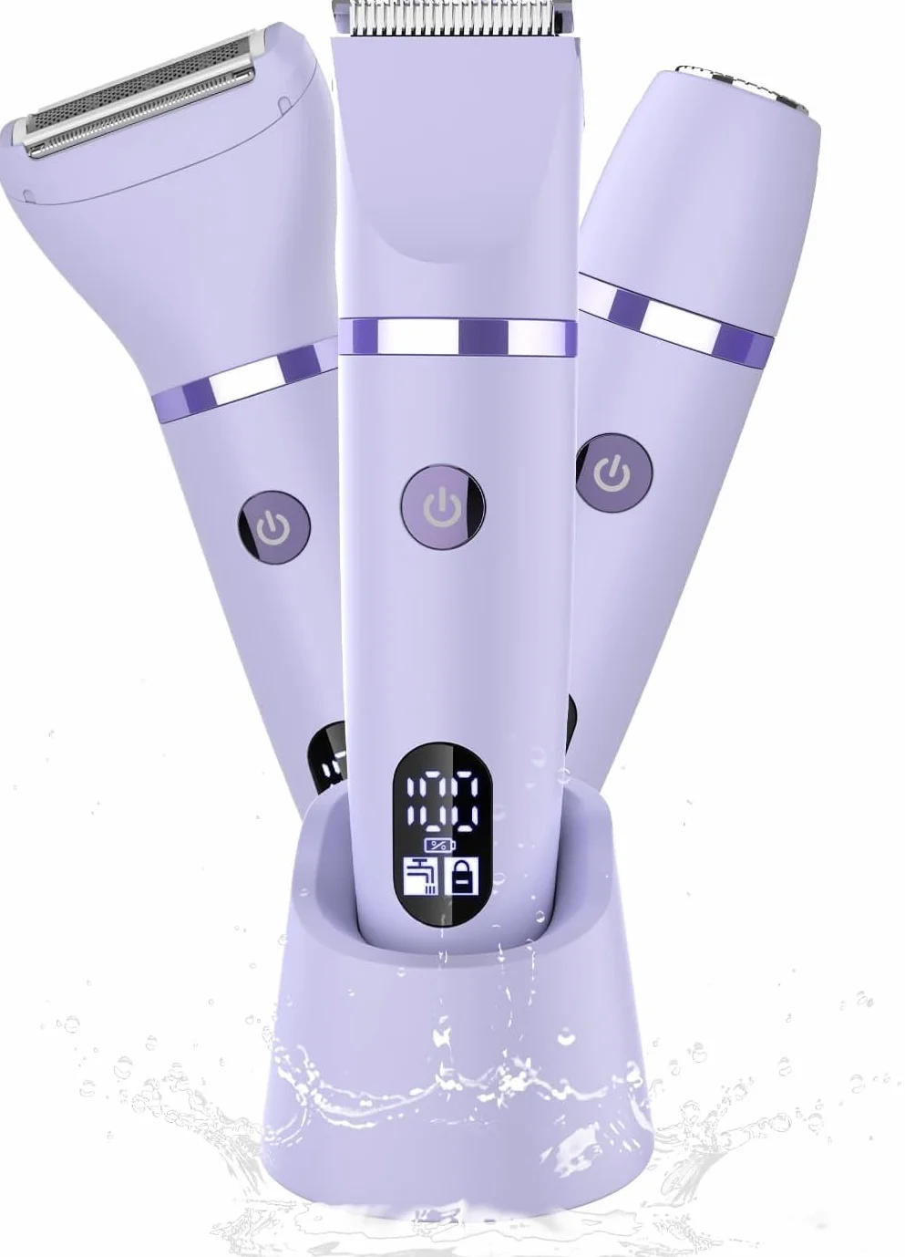 Rasoir Electrique Feminin Tondeuse précise visage zones sensibles, Sans fil, Étanche, Écran LCD, Violet, 3 en 1