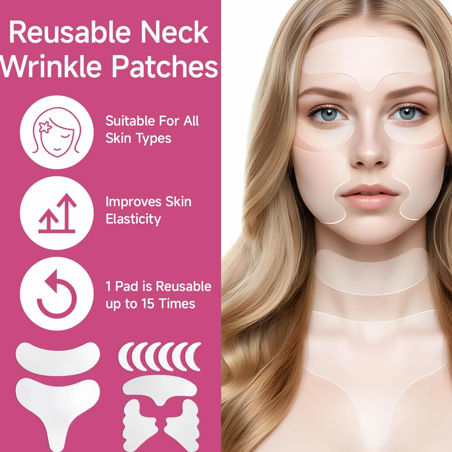 Patch Anti-Rides Visage 11 Pièces Silicone Réutilisables Sans Adhésif Front Yeux Joues Bouche Poitrine