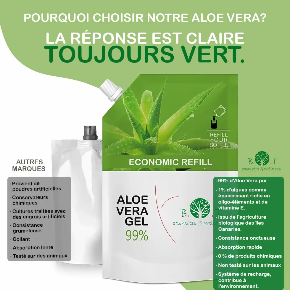 Gel Aloe Vera Bio 100% Pur Hydratant Visage et Corps Après-Soleil 1000 ML
