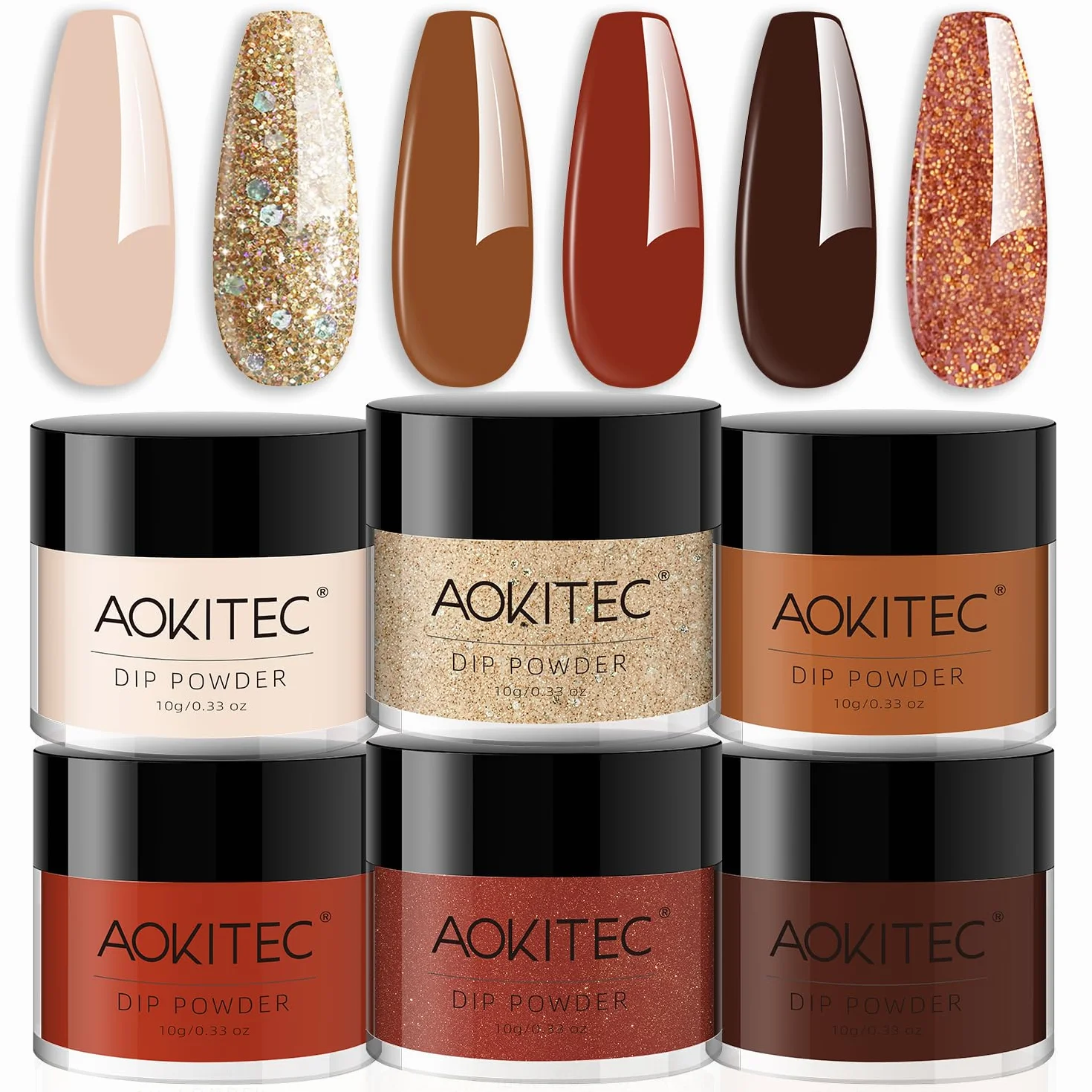 Aokitec Poudre à tremper 6 couleurs, poudre à ongles, nail art, ongles français, pas besoin de lampe