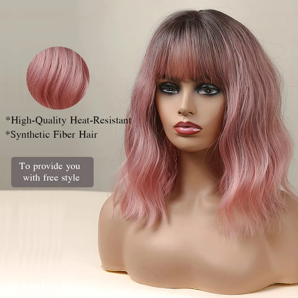 Esmee 14 Pouces Court Ndulée Ombre Rose Bob Perruque avec Franges Naturelle Synthétique Heat Resistant Perruques pour les Femmes avec des Racines Sombres pour la fête Quotidienne Cosplay Portez