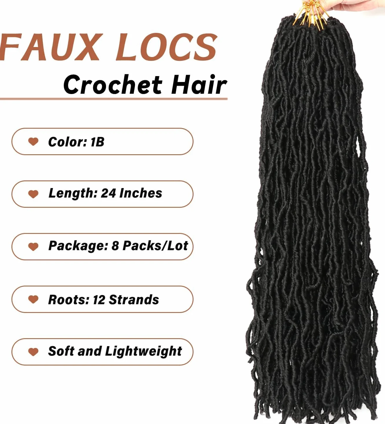 8 Packs Faux Locks Crochet Braids Meches Soft Locs Meches Pour Tresses Africaine Faux Locs Crochet Hair Meches Bouclees Pour Tresses (#1B, 60.9 CM(Lot de 8))