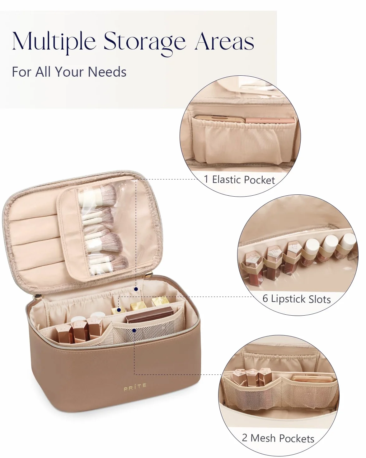 Prite Grand Trousse de Maquillage Femme Vanity Voyage Cuir Imperméable Poignée Séparateur Amovible Marron