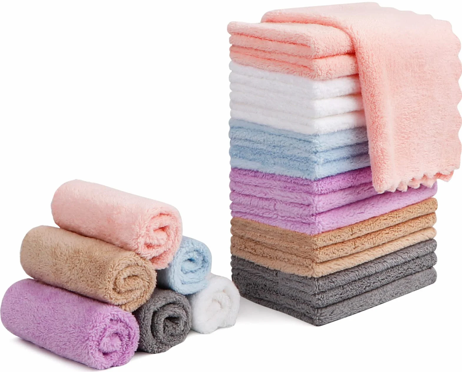 Orighty Lot de 24 débarbouillettes démaquillantes réutilisables en microfibre polaire corail 17,8 x 17,8 cm