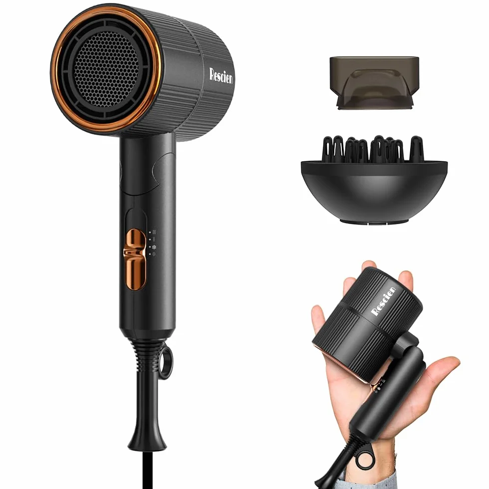 Sèche-cheveux ionique 2000W [Petit/Pliable - 10 x 7 x 19cm/250g] Noir | Sèche-cheveux de voyage avec Concentrateur & diffuseur, Hair Dryer séchage rapide, utilisable en salon