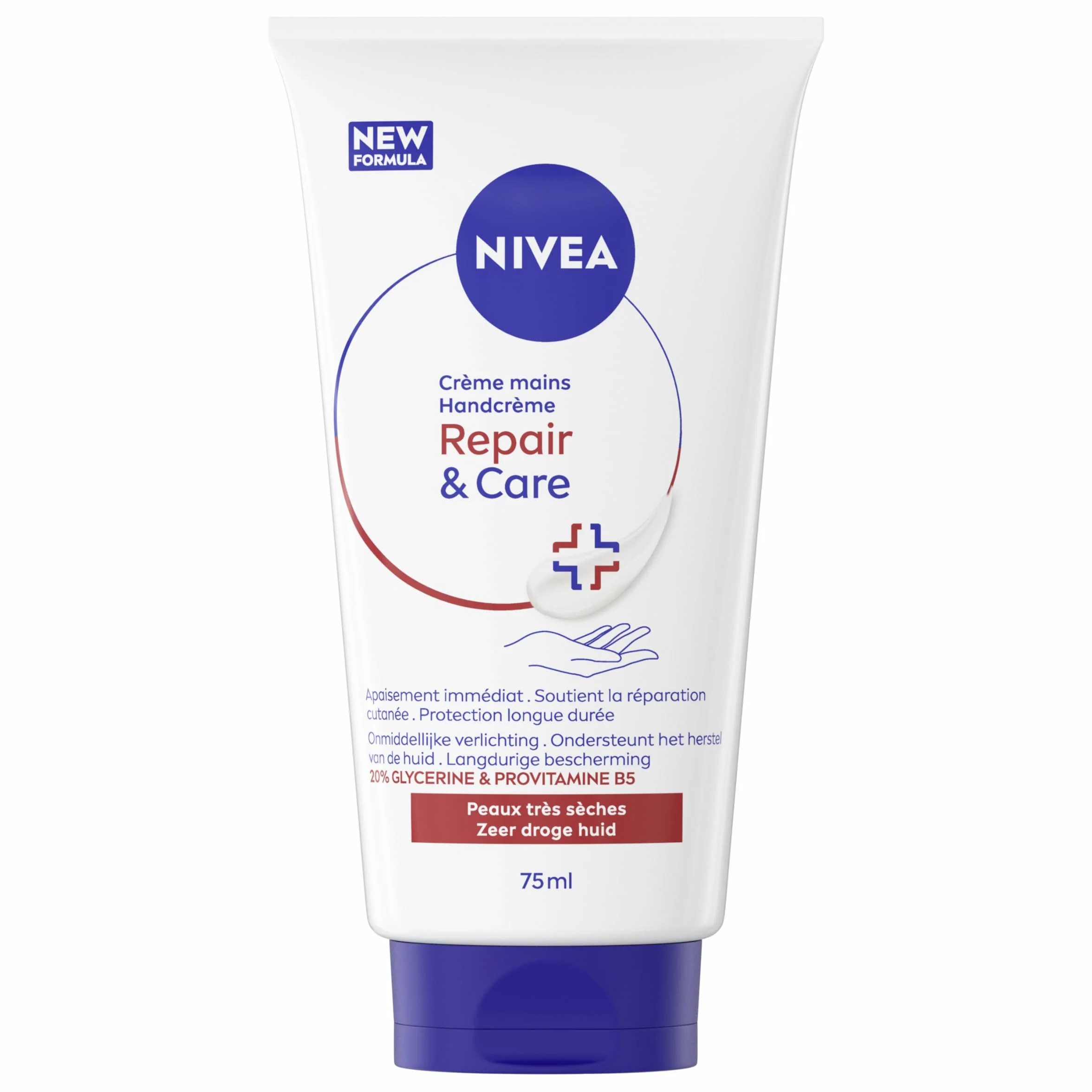 NIVEA Crème Mains 3 en 1 Repair & Care 75 ml Réparation intense Peaux Très Sèches 20% Glycérine Pro‑Vitamine B5 Hydratation 72h Non grasse