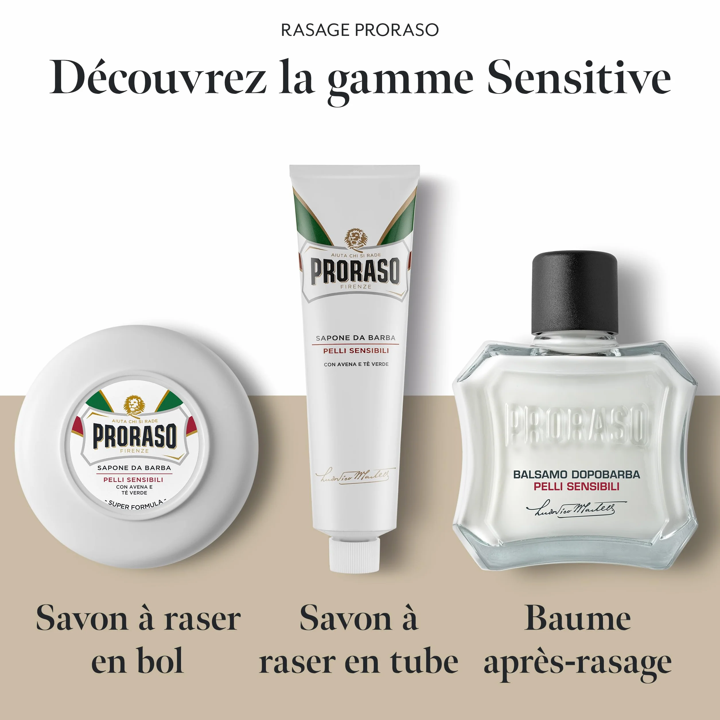 Proraso Savon à raser peaux sensibles 150 ml – Soin visage homme anti-irritations au thé vert et extrait d'avoine