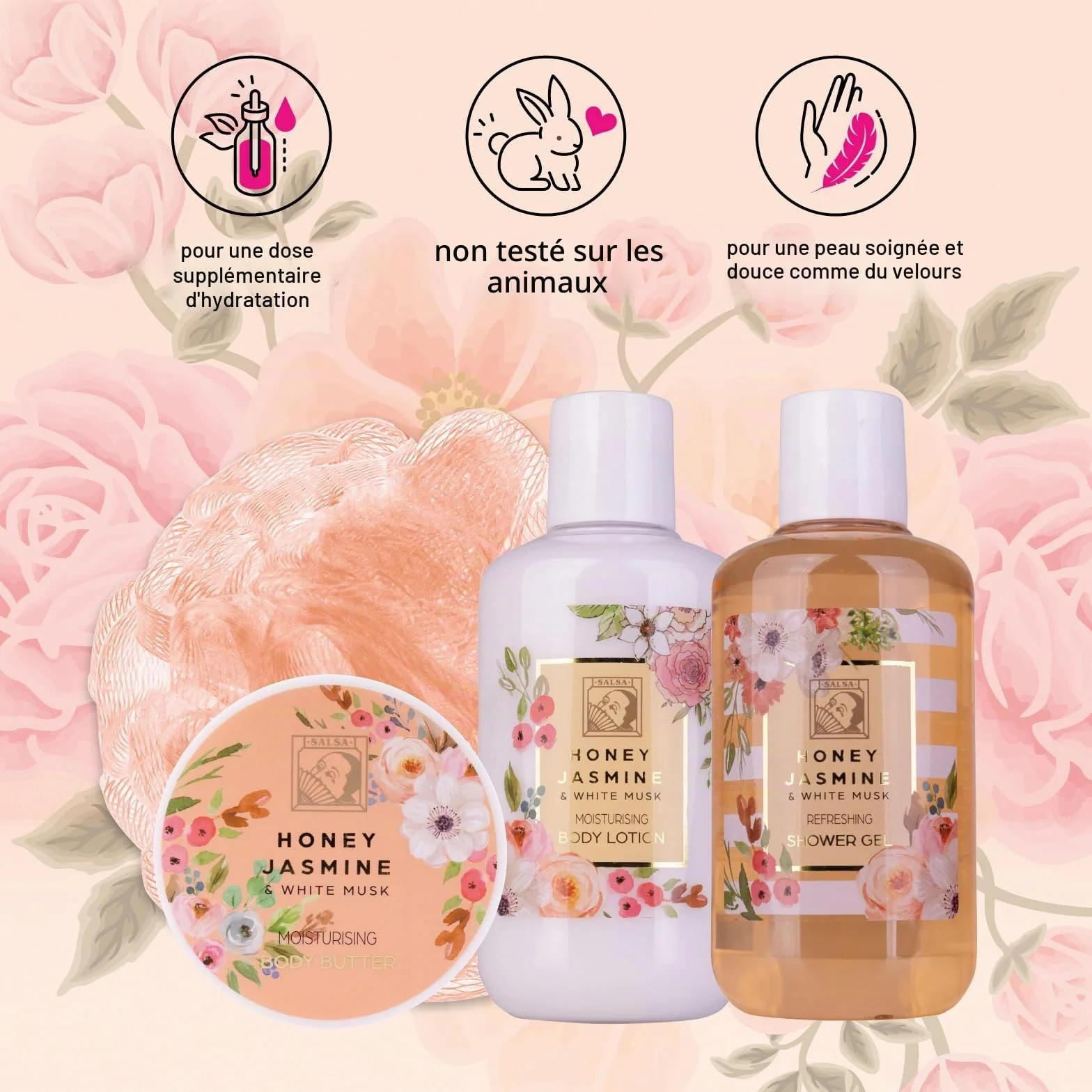 Accentra Set cadeau de douche HONEY JASMINE 4 pièces gel douche lotion beurre corps